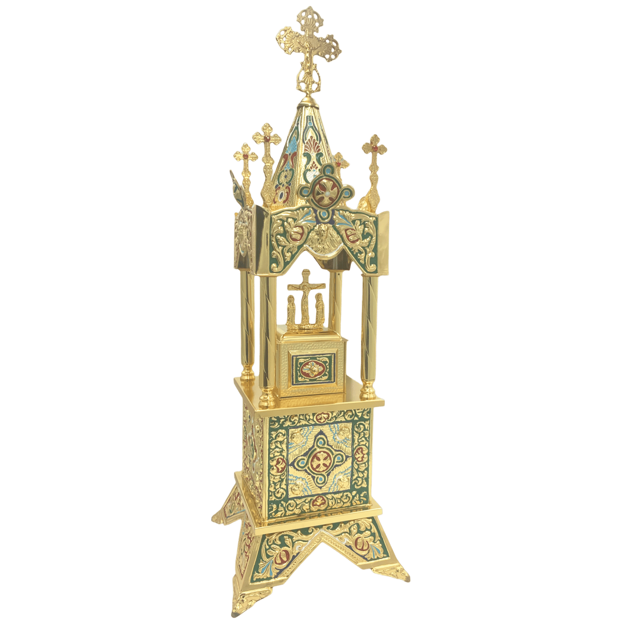 Ornate gold ecclesiastical liturgical item with detailed religious motifs, crosses, and vibrant colorful accents, suitable for church rituals and Orthodox Christian ceremonies.