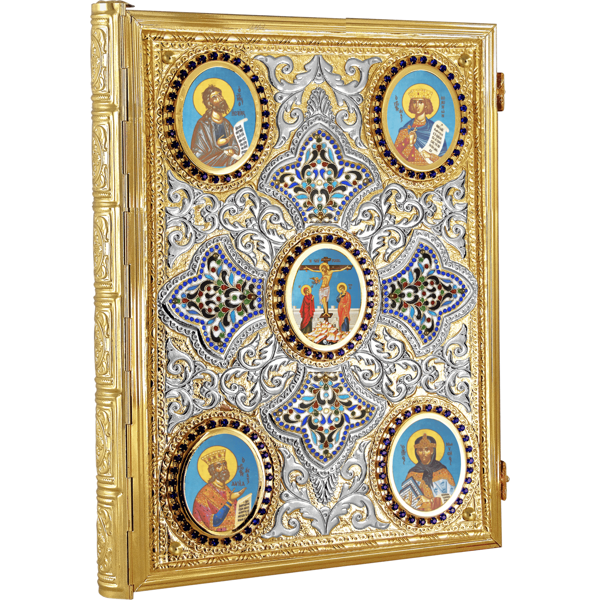 Ornate religious iconography iconostasis with detailed gold and silver craftsmanship, featuring multiple saints and Christ, used in Orthodox church worship and religious ceremonies.