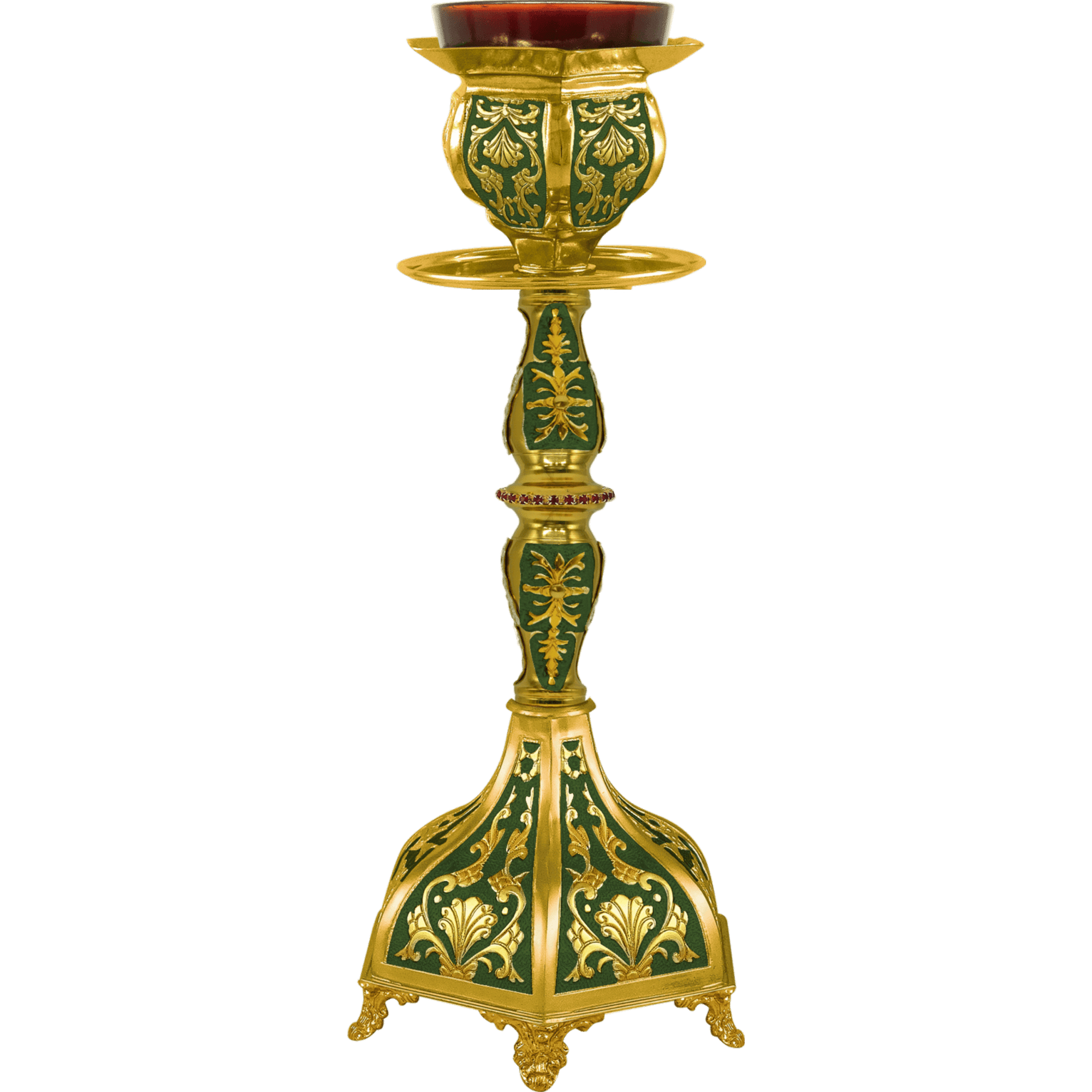 Ornate gold and green liturgical candle holder used in church Orthodox religious ceremonies and church rituals.