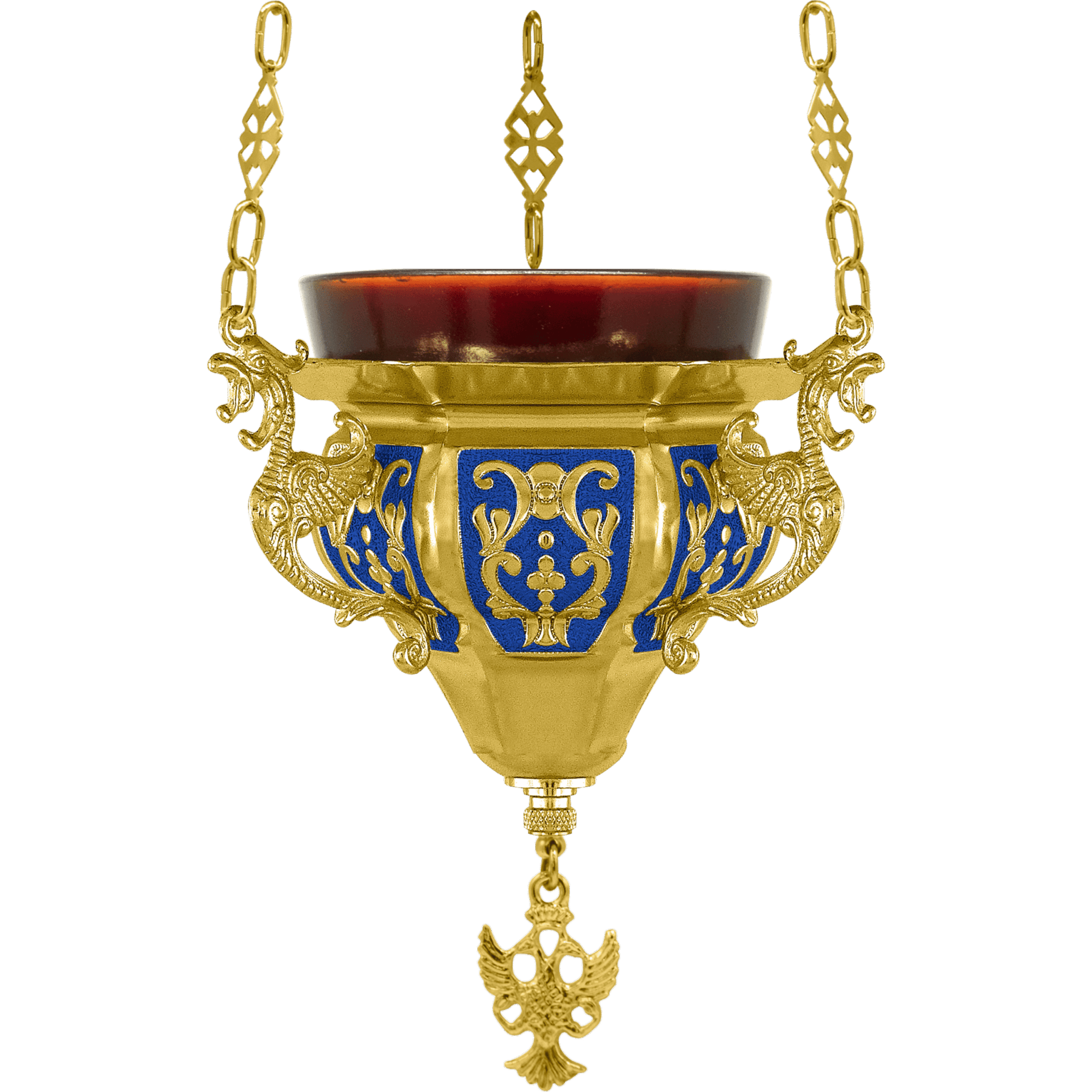 Ornate church hanging lamp with gold and blue details, religious church equipment for Orthodox Christianity, decorative ecclesiastical item, traditional liturgical ornament.