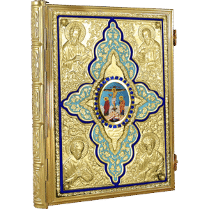 Intricate religious gold-embossed icon of Christ and saints, featuring detailed Byzantine-style artwork, used as ecclesiastical religious items for Orthodox Christian worship.