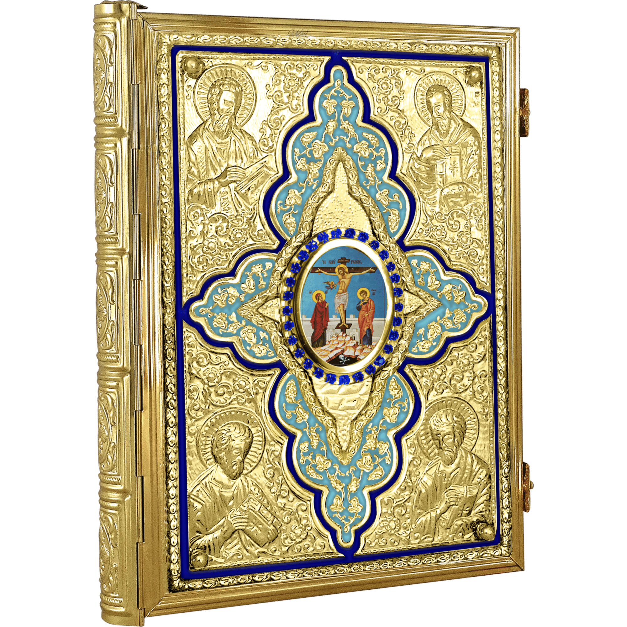 Intricate religious gold-embossed icon of Christ and saints, featuring detailed Byzantine-style artwork, used as ecclesiastical religious items for Orthodox Christian worship.