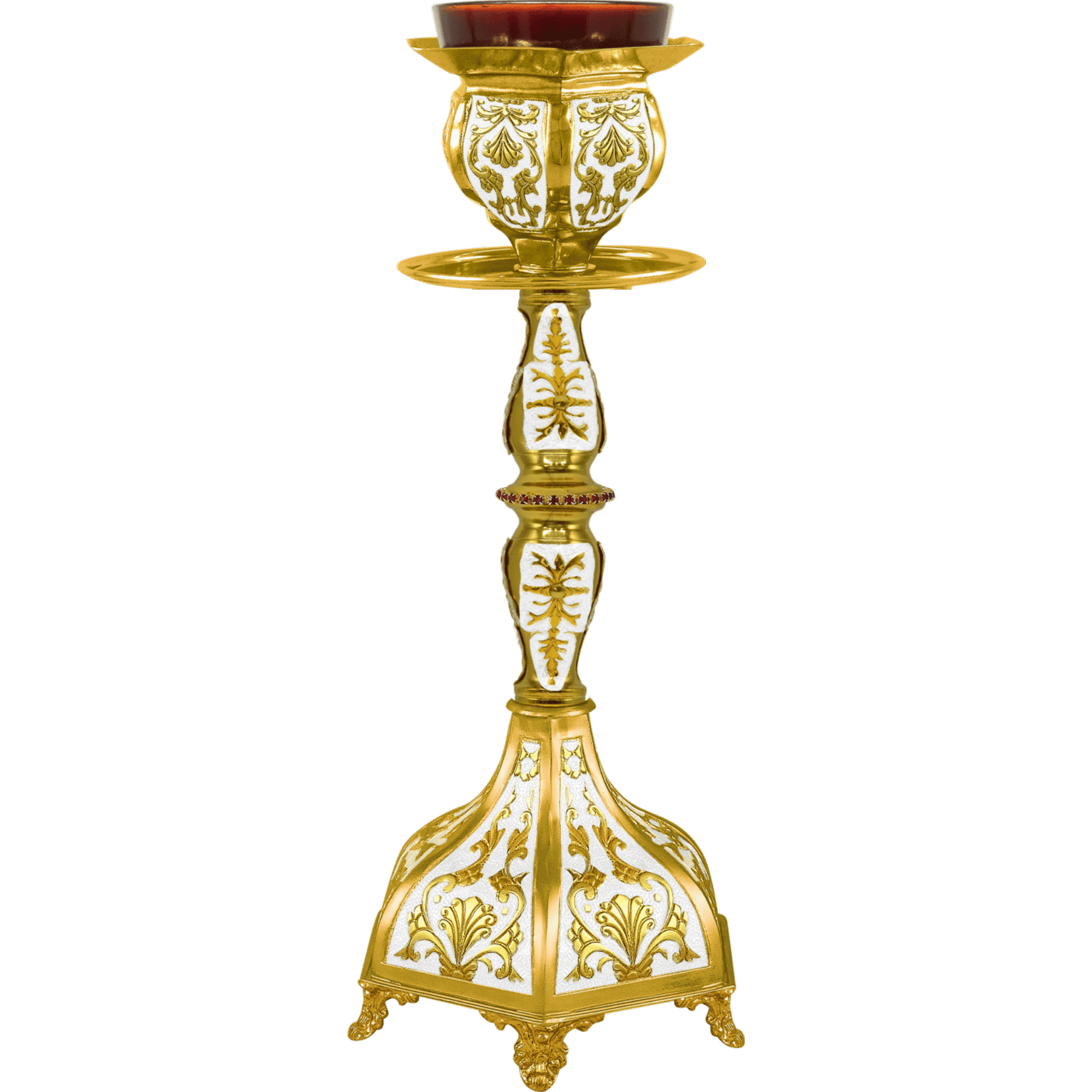 Ornate gold and white religious candle holder with detailed craftsmanship, ideal for church liturgical practices and ecclesiastical ceremonies.