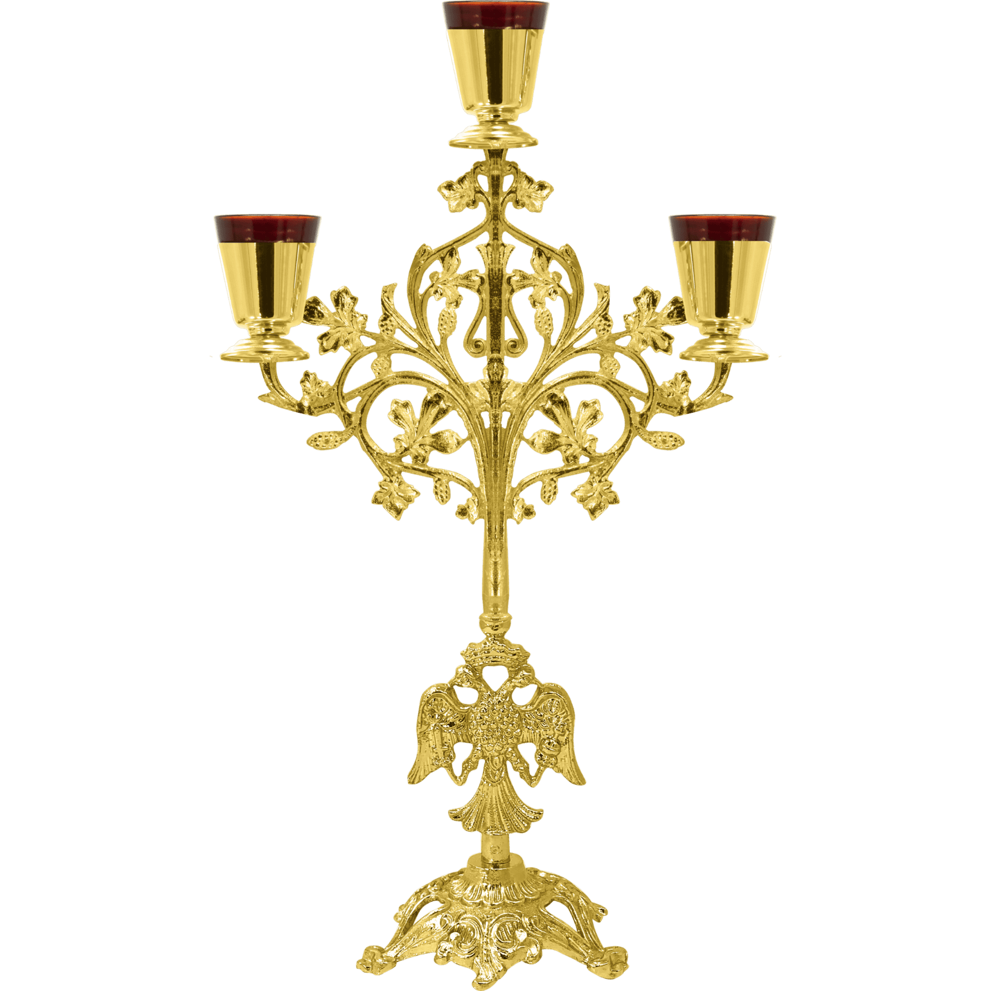 Elegant gold candelabrum with red candle holders, perfect for church ceremonies and religious traditions. High-quality ecclesiastical item from Tsa tsaronis Antonios.