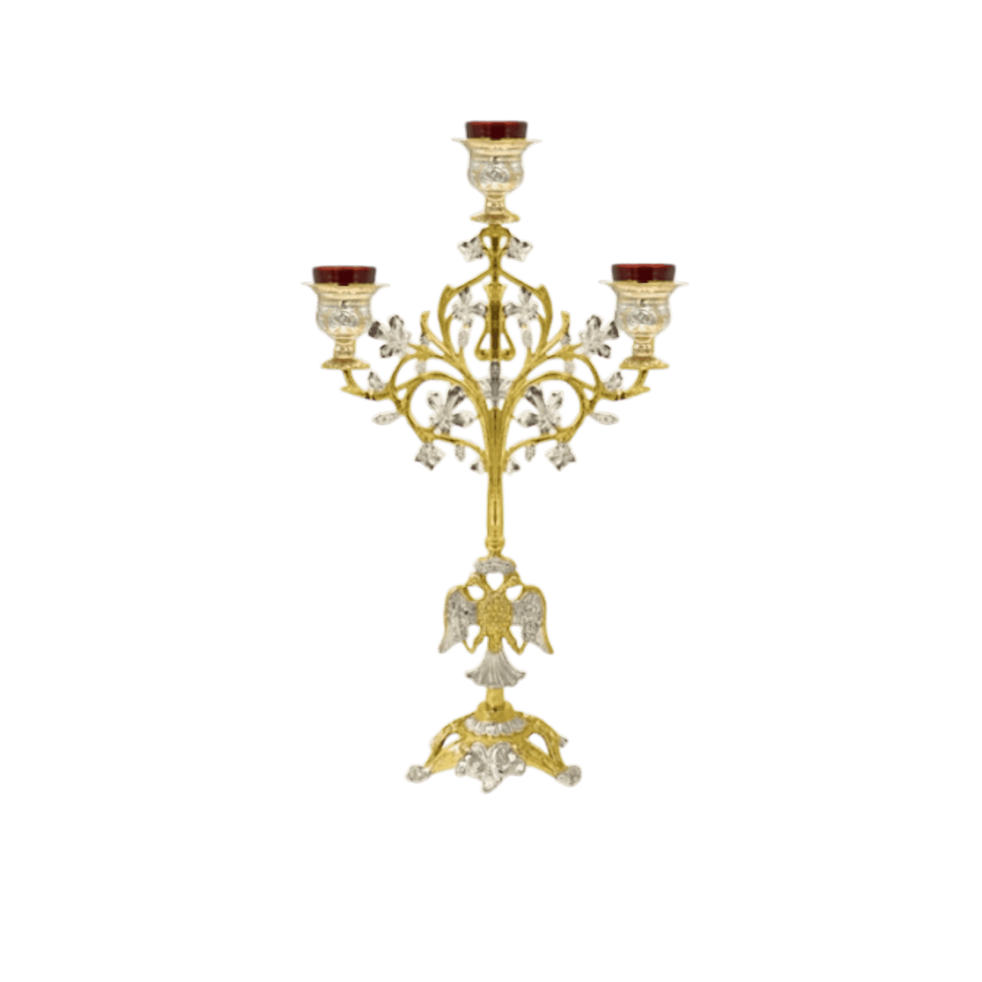 Exquisite religious candle holder with intricate gold and silver detailing, perfect for church ceremonies and ecclesiastical decorations.