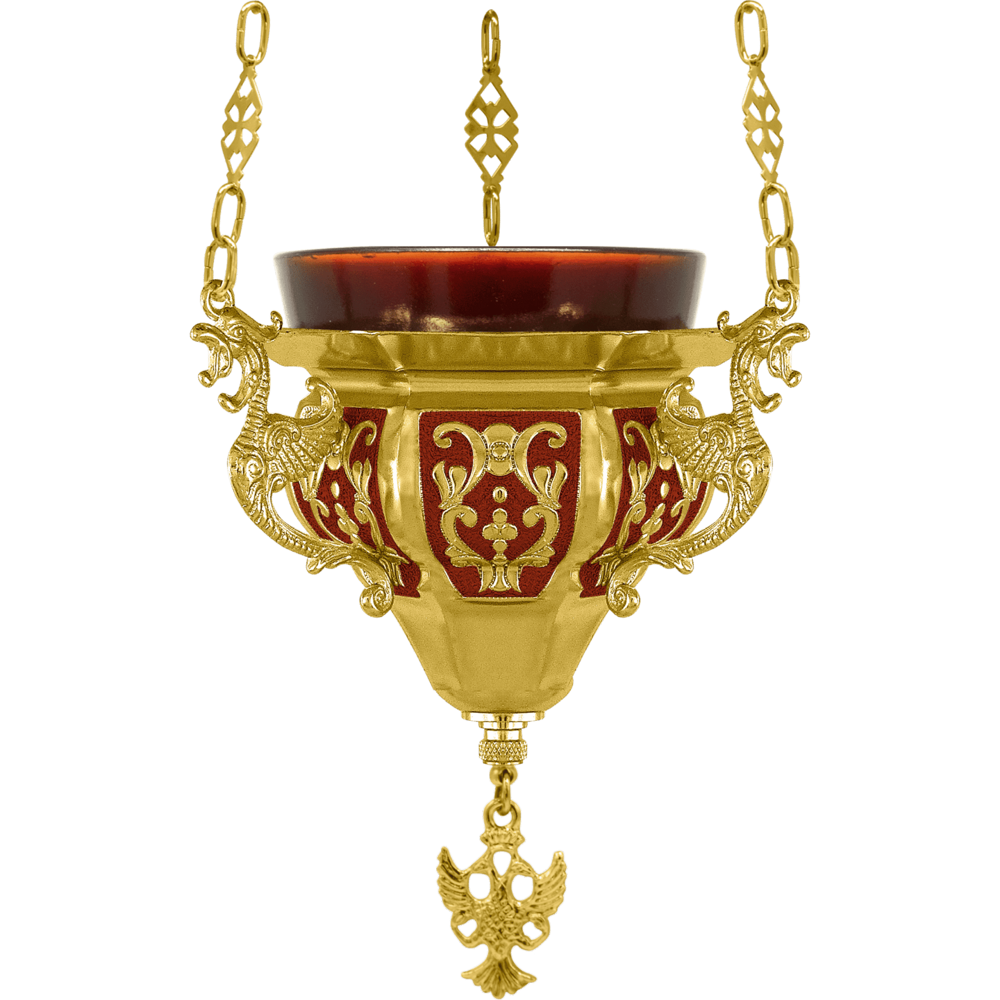 Golden hanging oil lamp with ornate church decoration, traditional religious liturgical item, religious church artifact, brass religious lamp for church ceremonies.