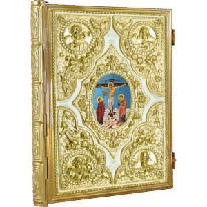 Intricately designed gold religious icon with detailed religious imagery, perfect for Orthodox church decorative elements and liturgical use.