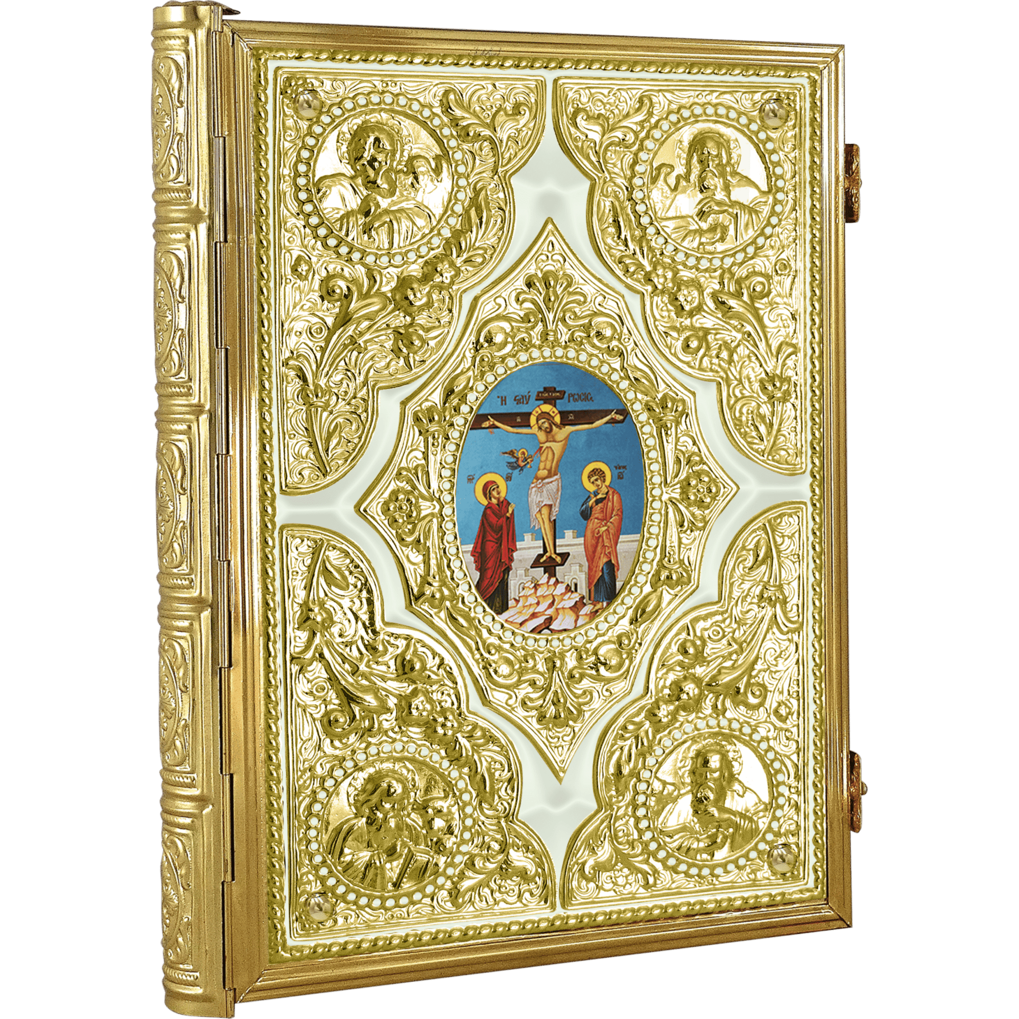 Intricately designed gold religious icon with detailed religious imagery, perfect for Orthodox church decorative elements and liturgical use.