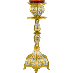 Ornate gold and white church candle holder with intricate religious design and red accents, ideal for Orthodox liturgical uses.