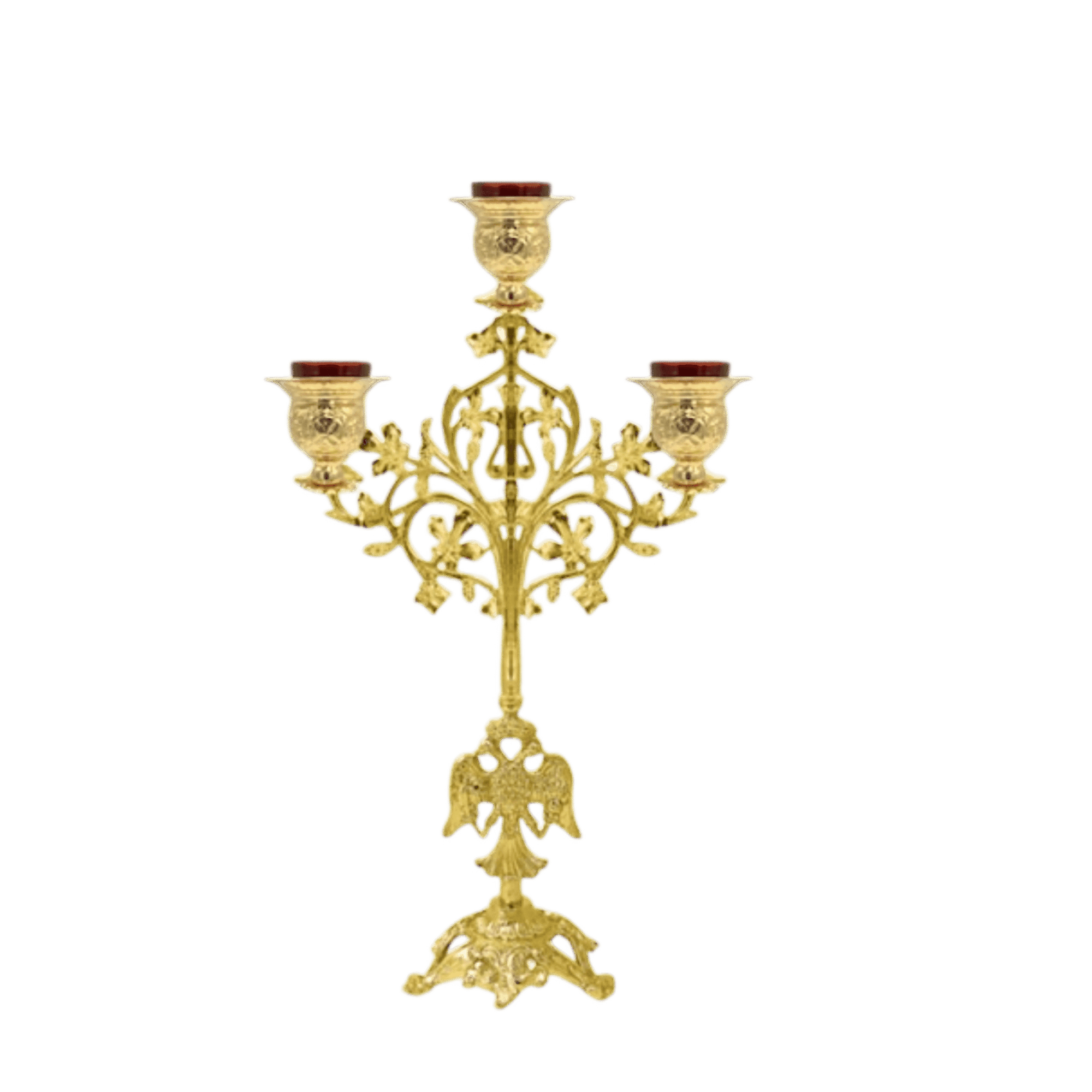 Elegant gold religious candelabrum for church use, featuring intricate design and three candle holders, ideal for ecclesiastical ceremonies and religious rituals.