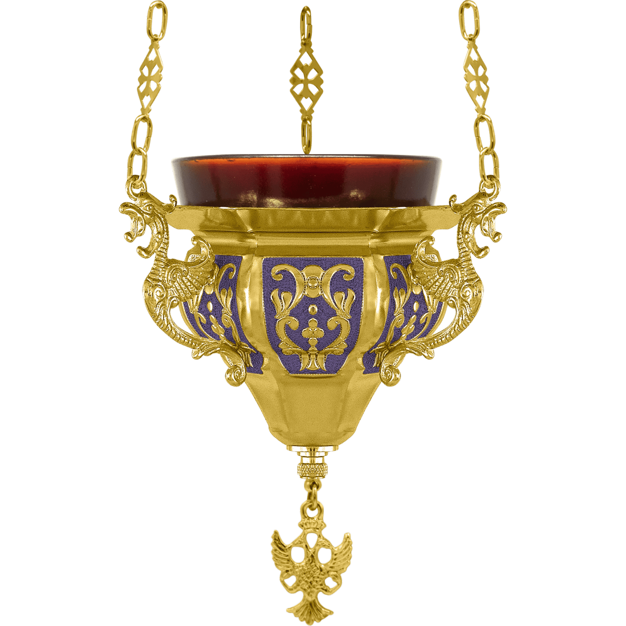 Intricate gold and purple church hanging lantern for religious rituals, featuring ornate dragon motifs and detailed craftsmanship, ideal for Orthodox Christian church decoration and sacred ceremonies.
