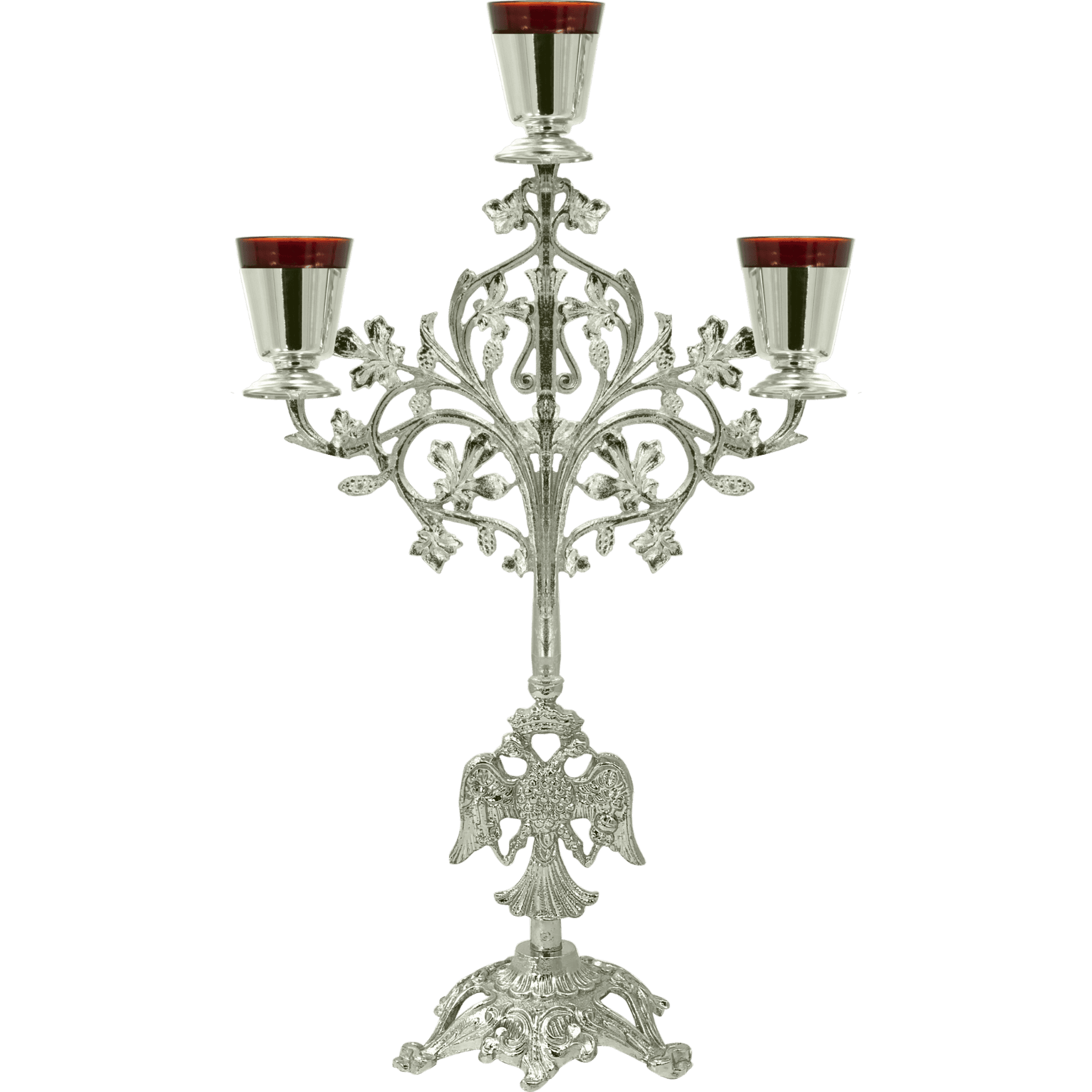 Intricate silver Orthodox candelabrum with 4 red glass candle holders, ideal for church ceremonies and religious events, handcrafted with detailed ecclesiastical design.
