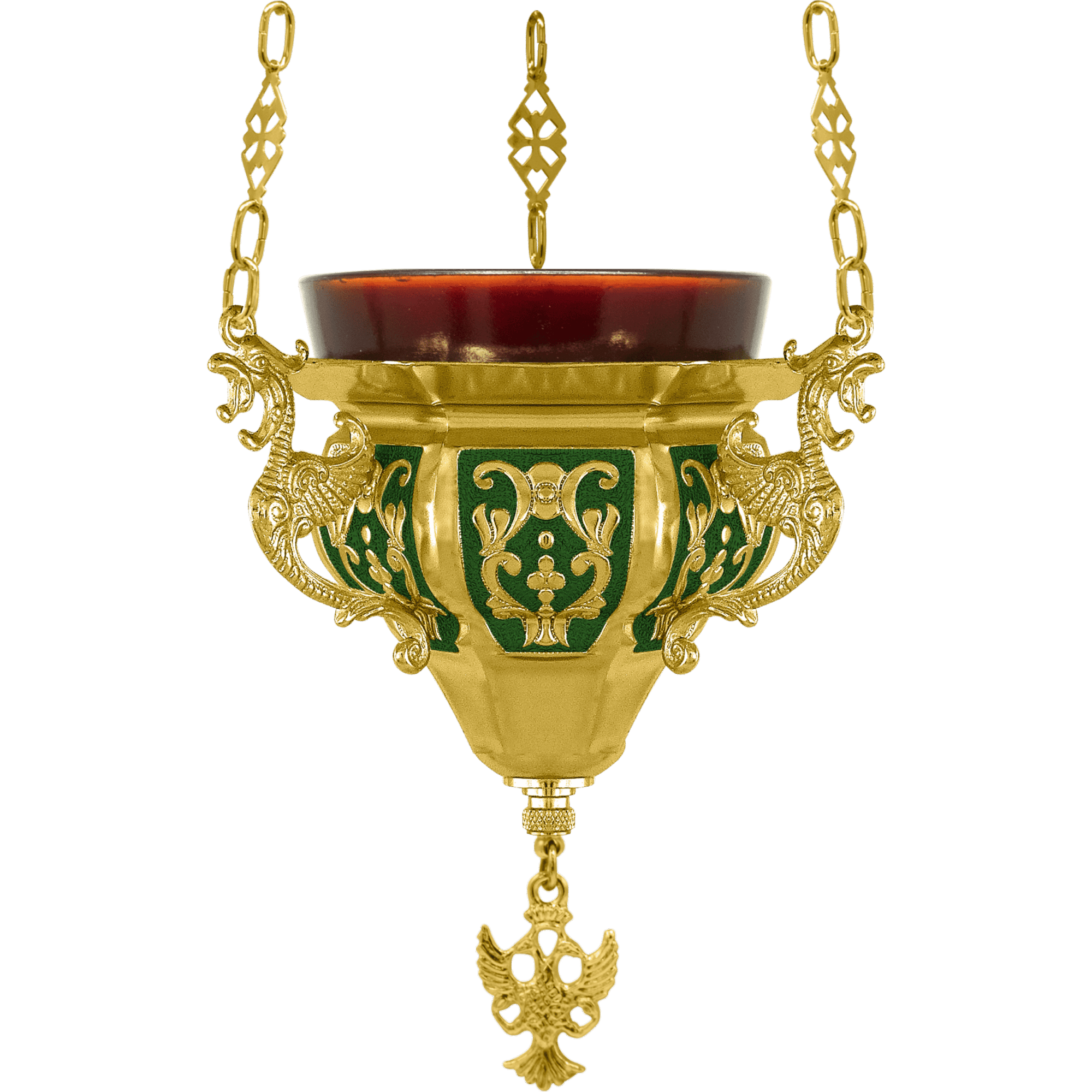 Elegant gold religious hanging lamp holder with intricate designs, suitable for church lighting and ecclesiastical use.