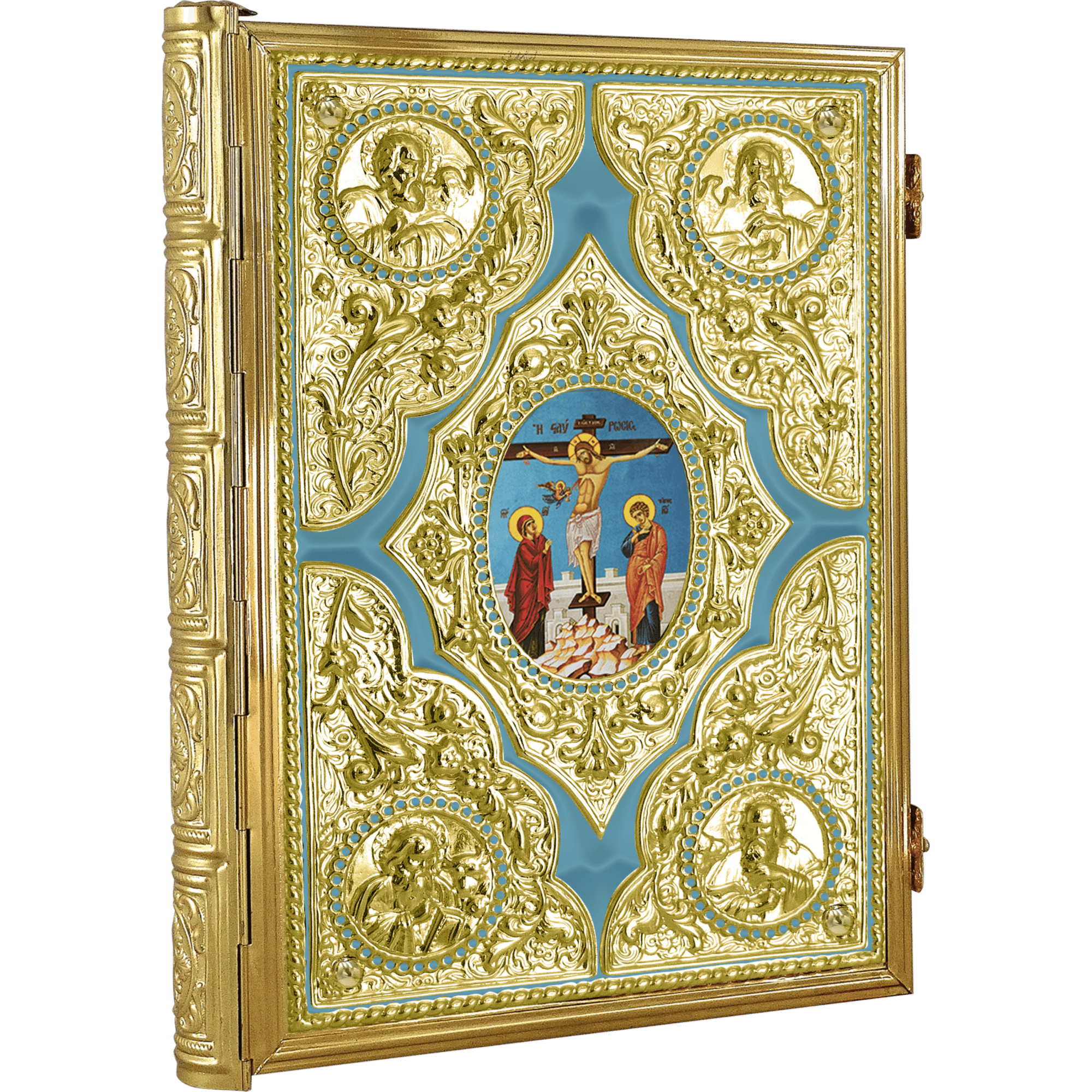 Golden religious icon case with detailed ornate design, central depiction of the crucifixion of Jesus Christ, surrounded by smaller icon medallions, crafted with meticulous craftsmanship and religious symbolism.