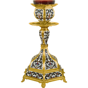 Ornate gold and enamel religious candle holder from Εκκλησιαστικά Είδη Τσατσαρώνης Αντώνιος, perfect for ecclesiastical ceremonies and church decorations.