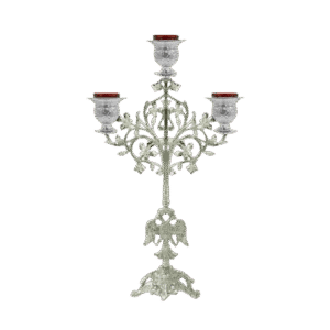 Intricate silver ecclesiastical candelabrum with three glass candle holders for Orthodox church lighting and religious ceremonies.