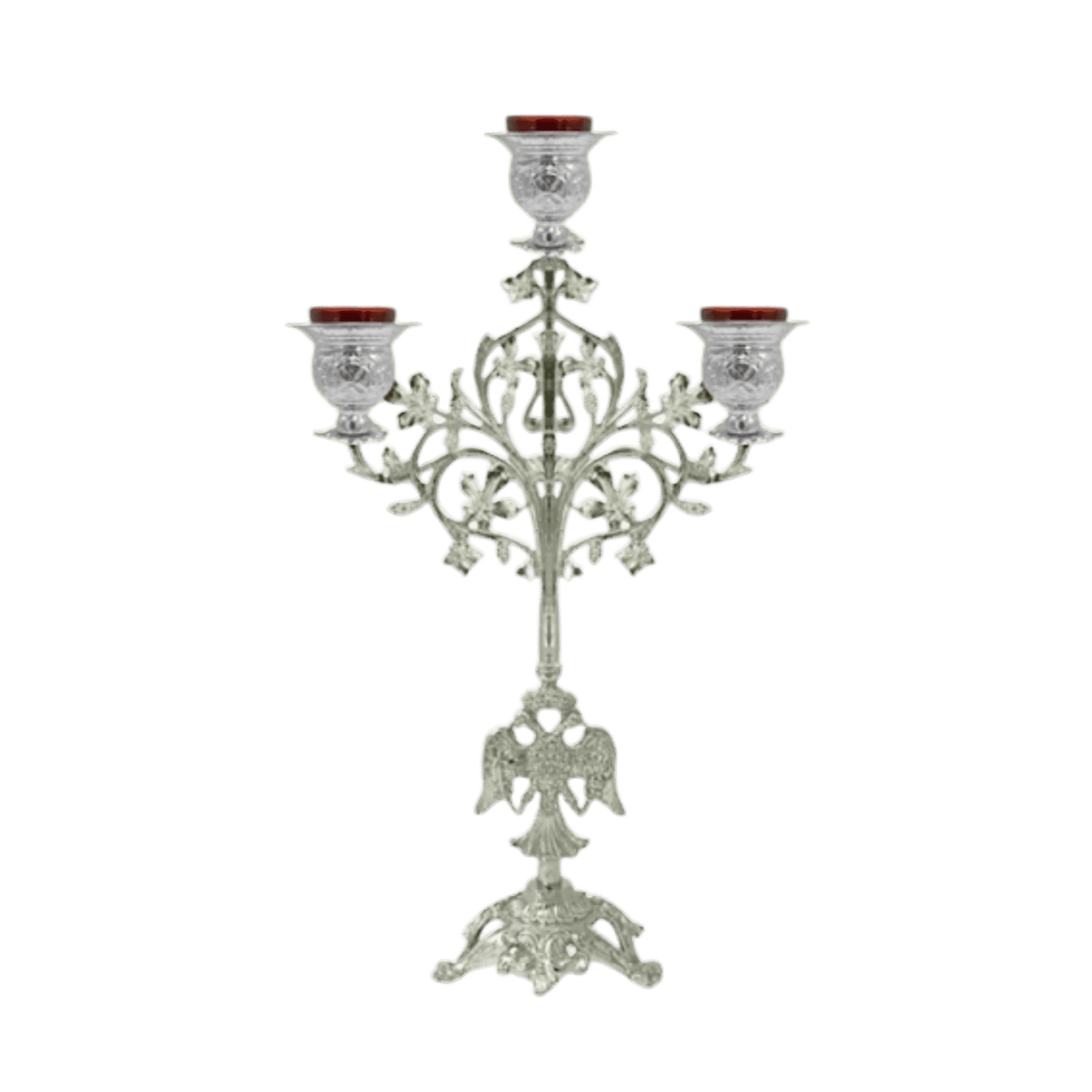 Intricate silver ecclesiastical candelabrum with three glass candle holders for Orthodox church lighting and religious ceremonies.