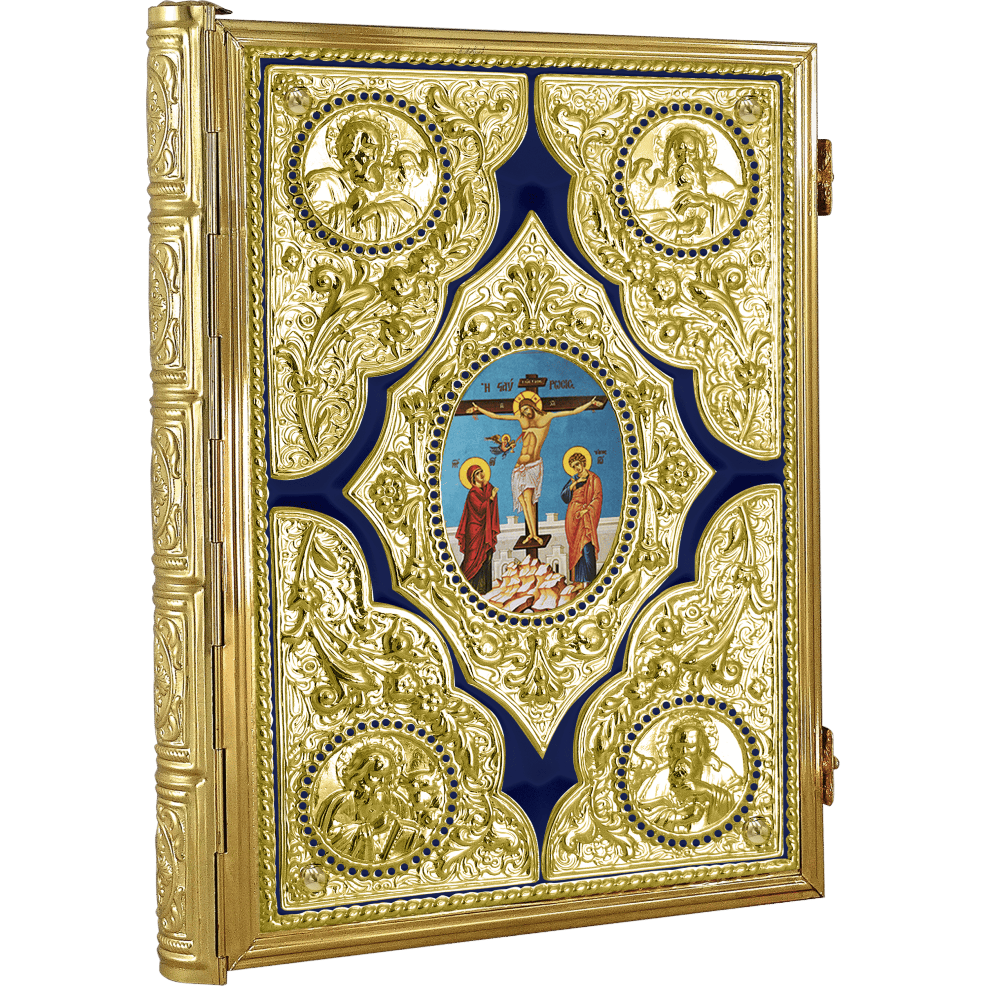 Intricate gold-embossed Orthodox religious iconographic book cover with central crucifixion scene, surrounded by detailed religious medallions and filigree, used for ecclesiastical worship.