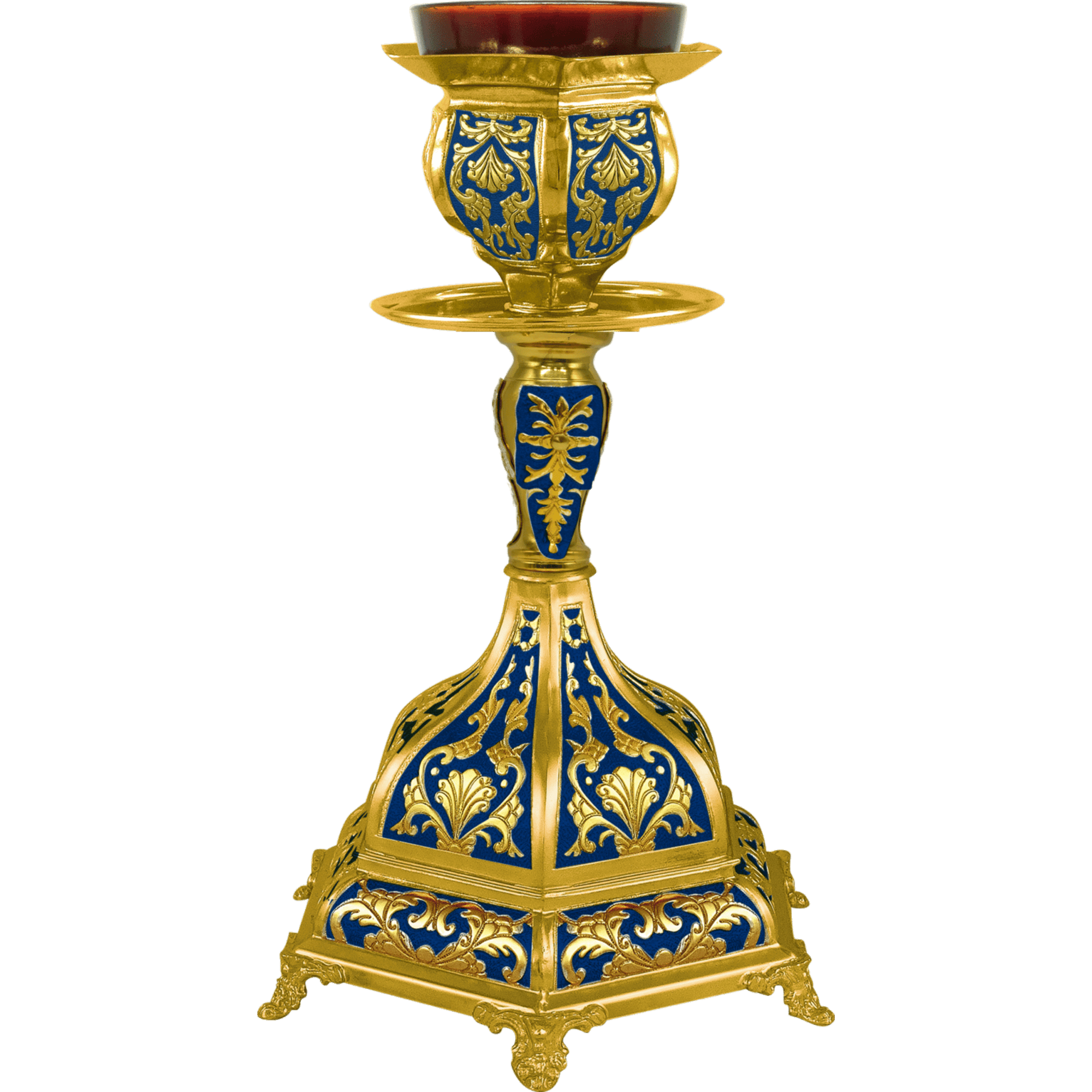 Elegant religious candle holder with intricate gold and blue decorative design, perfect for church services and religious ceremonies.