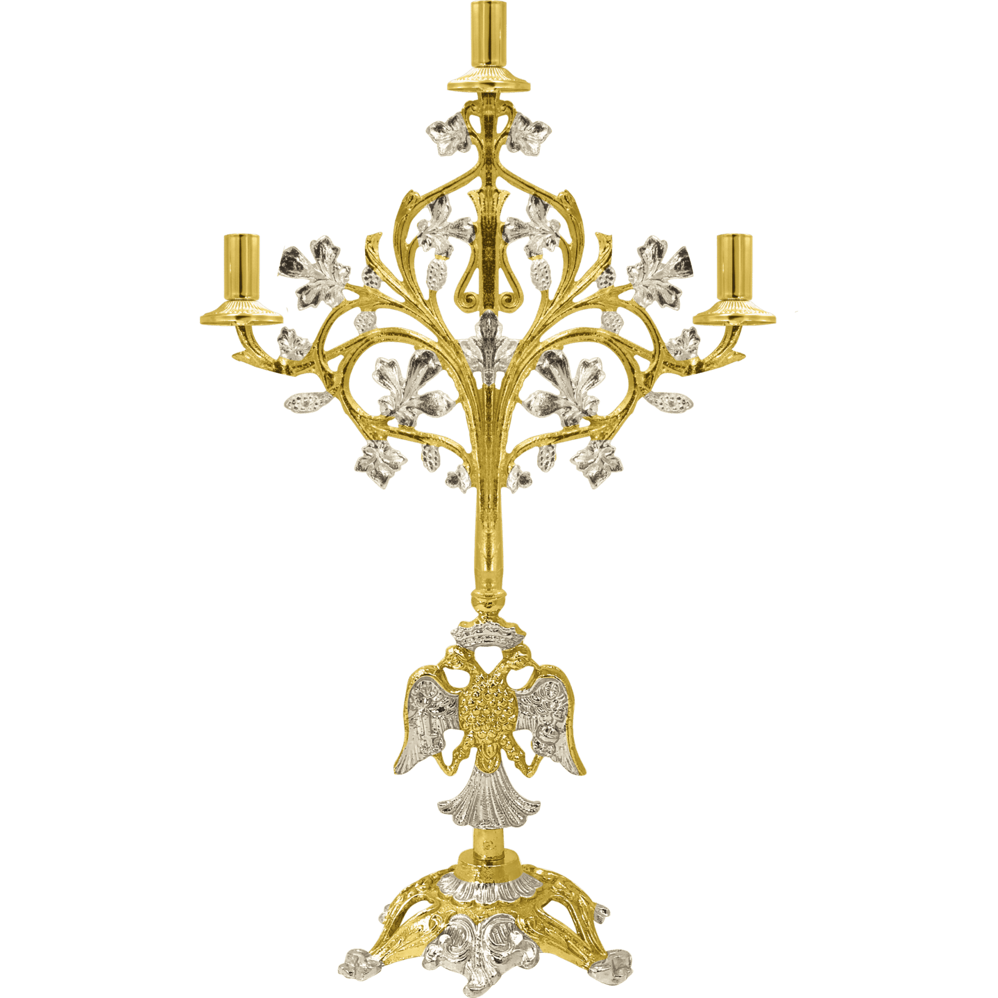 Ornate gold and silver church candelabrum with intricate floral and angel designs, ideal for ecclesiastical lighting and religious ceremonies.