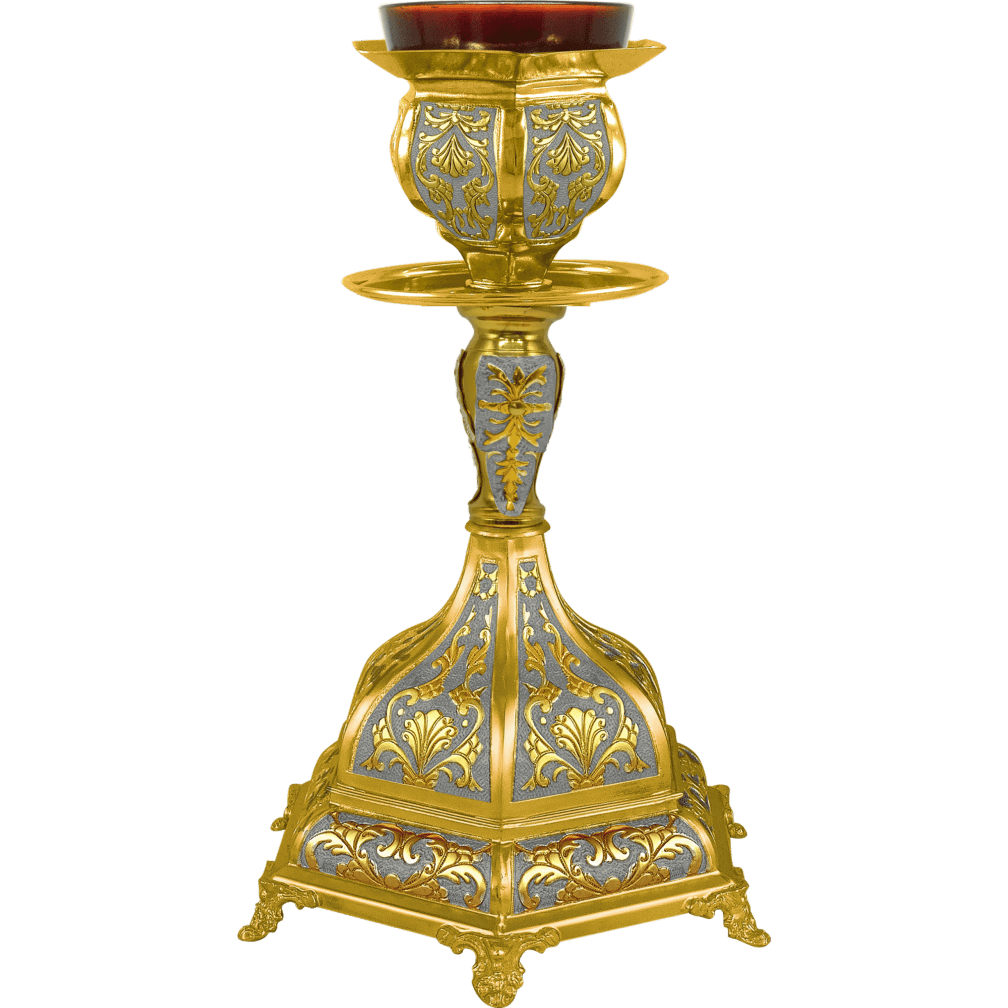 Ornate religious candelabrum with gold and silver detailing, used for church ceremonies and religious rituals. Authentic ecclesiastical liturgical equipment from Tsa-tsaronis Antonios.