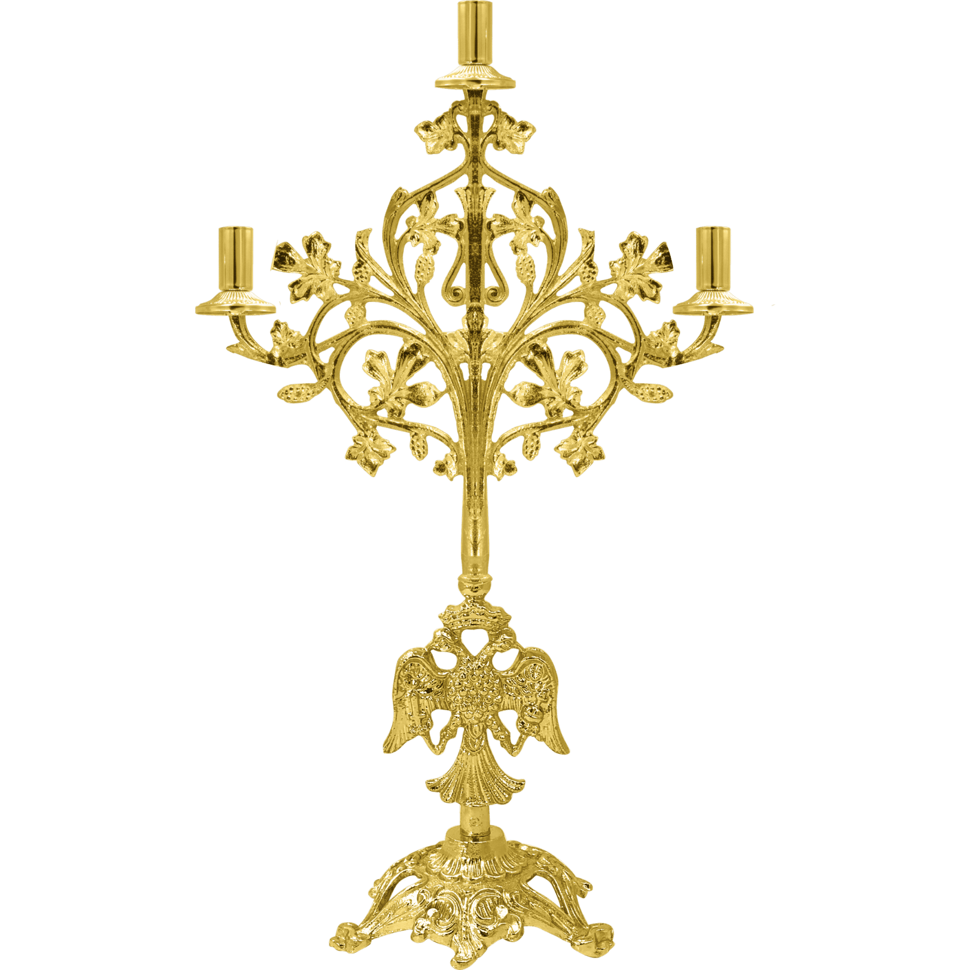 Ornate gold church candlestick holder with intricate detailing for sacred religious ceremonies and ecclesiastical use. Perfect for Orthodox Christian and church altar decoration.