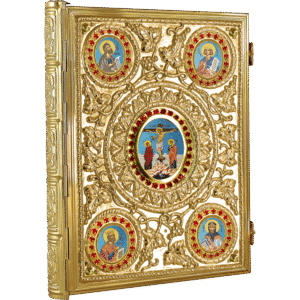 Intricate gold-plated Orthodox icon plaque featuring multiple religious images including Jesus Christ, Saint George, and other saints, with detailed ornate leaf patterns, ideal for church decoration.