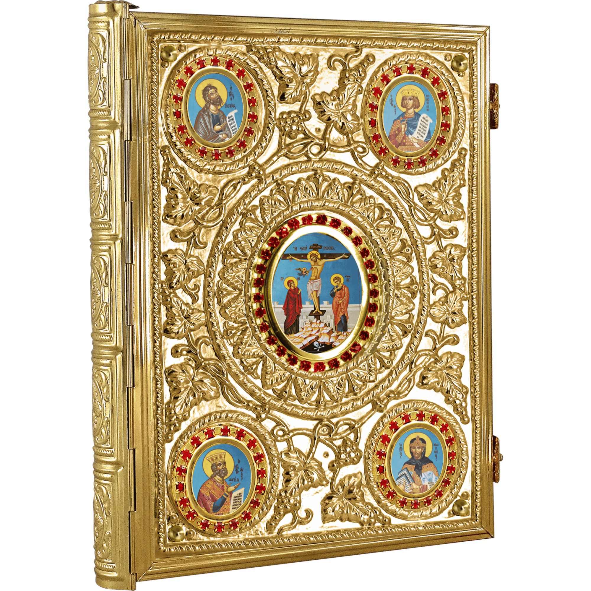 Intricate gold-plated Orthodox icon plaque featuring multiple religious images including Jesus Christ, Saint George, and other saints, with detailed ornate leaf patterns, ideal for church decoration.