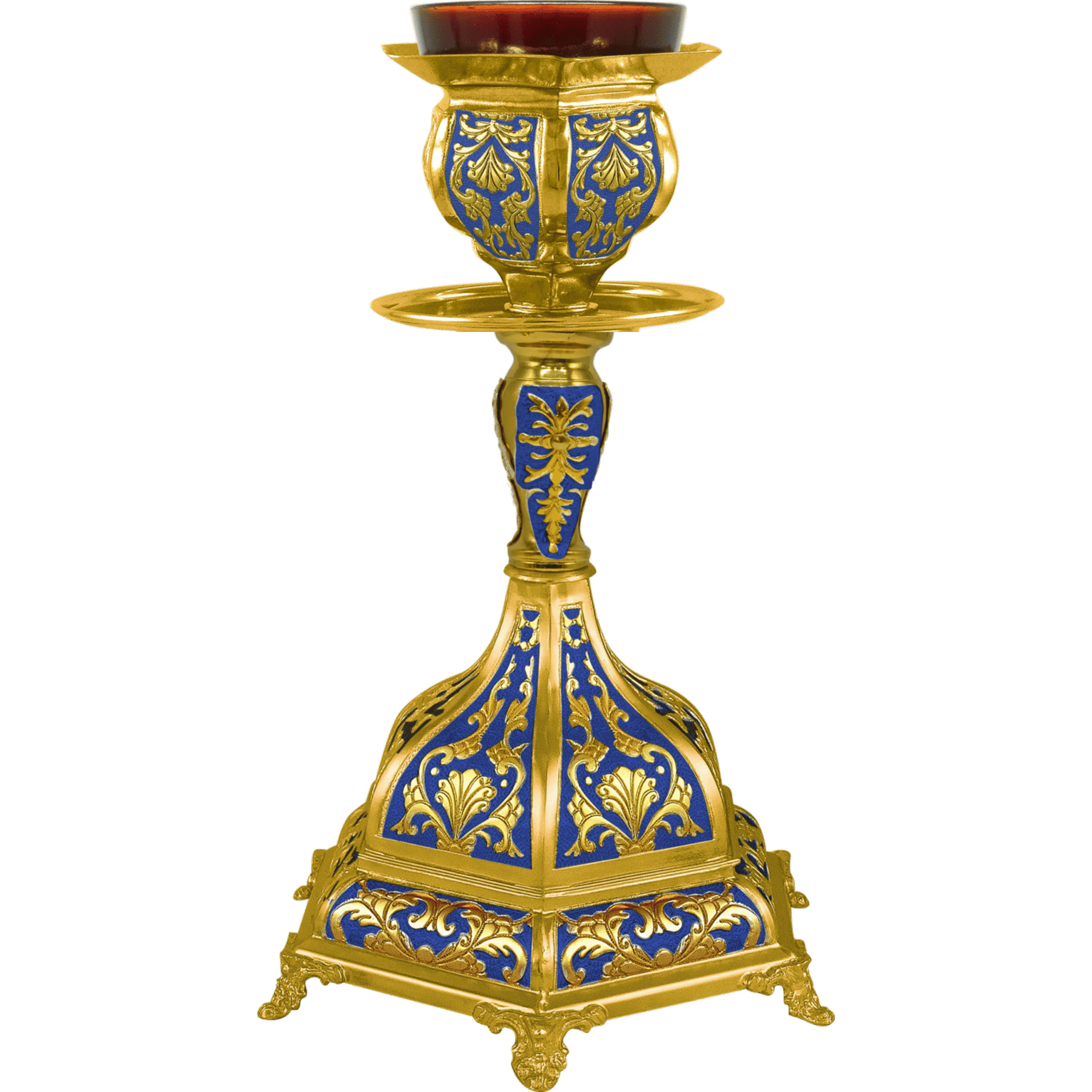 Intricate gold and blue ecclesiastical candle holder with ornate religious design, used in Orthodox Christian church services and ceremonies representing faith and spirituality.