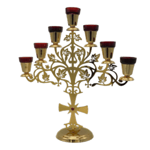 Ornate gold and red candelabrum for church ceremonies, designed for religious events and Orthodox Christian rituals.