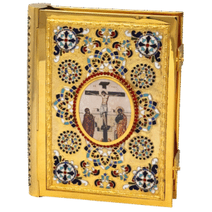 Ornate religious book cover with gold embossing, religious icons, and intricate mosaic detailing for ecclesiastical items.