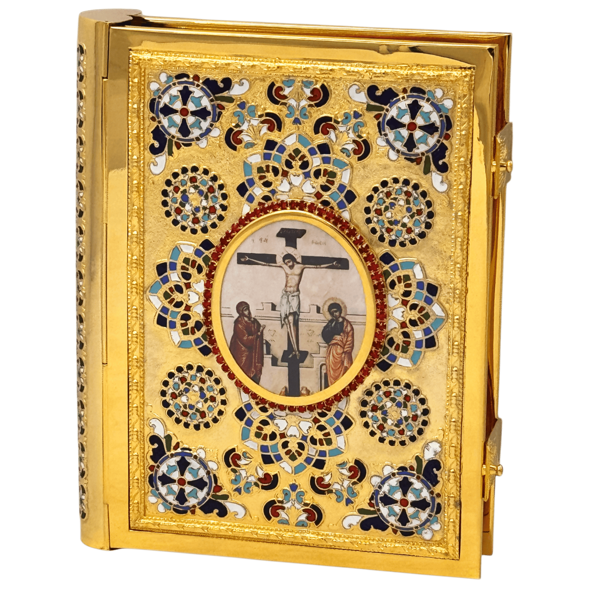 Ornate religious book cover with gold embossing, religious icons, and intricate mosaic detailing for ecclesiastical items.