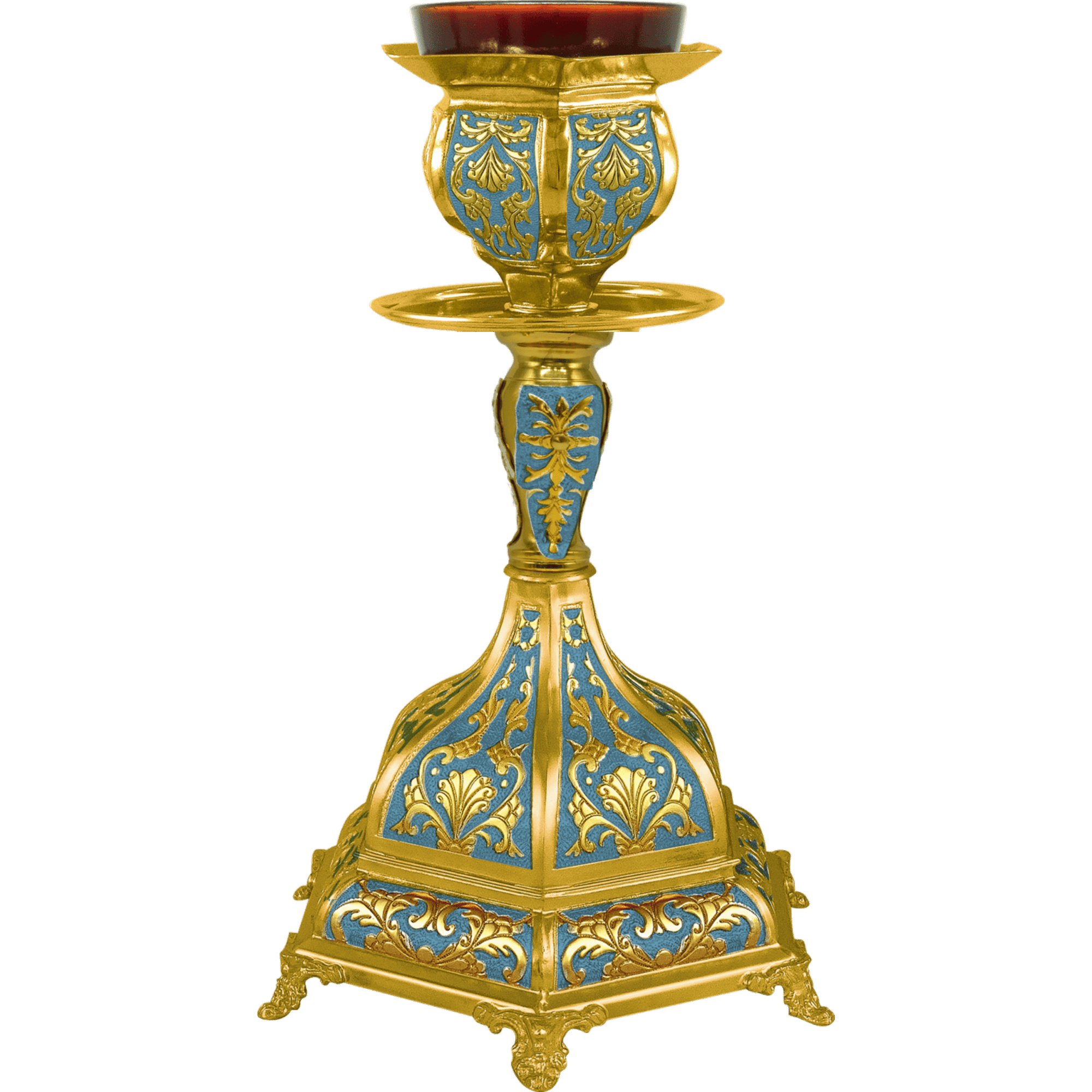Ornate ecclesiastical liturgical candle holder with intricate gold and blue designs, used in religious ceremonies.