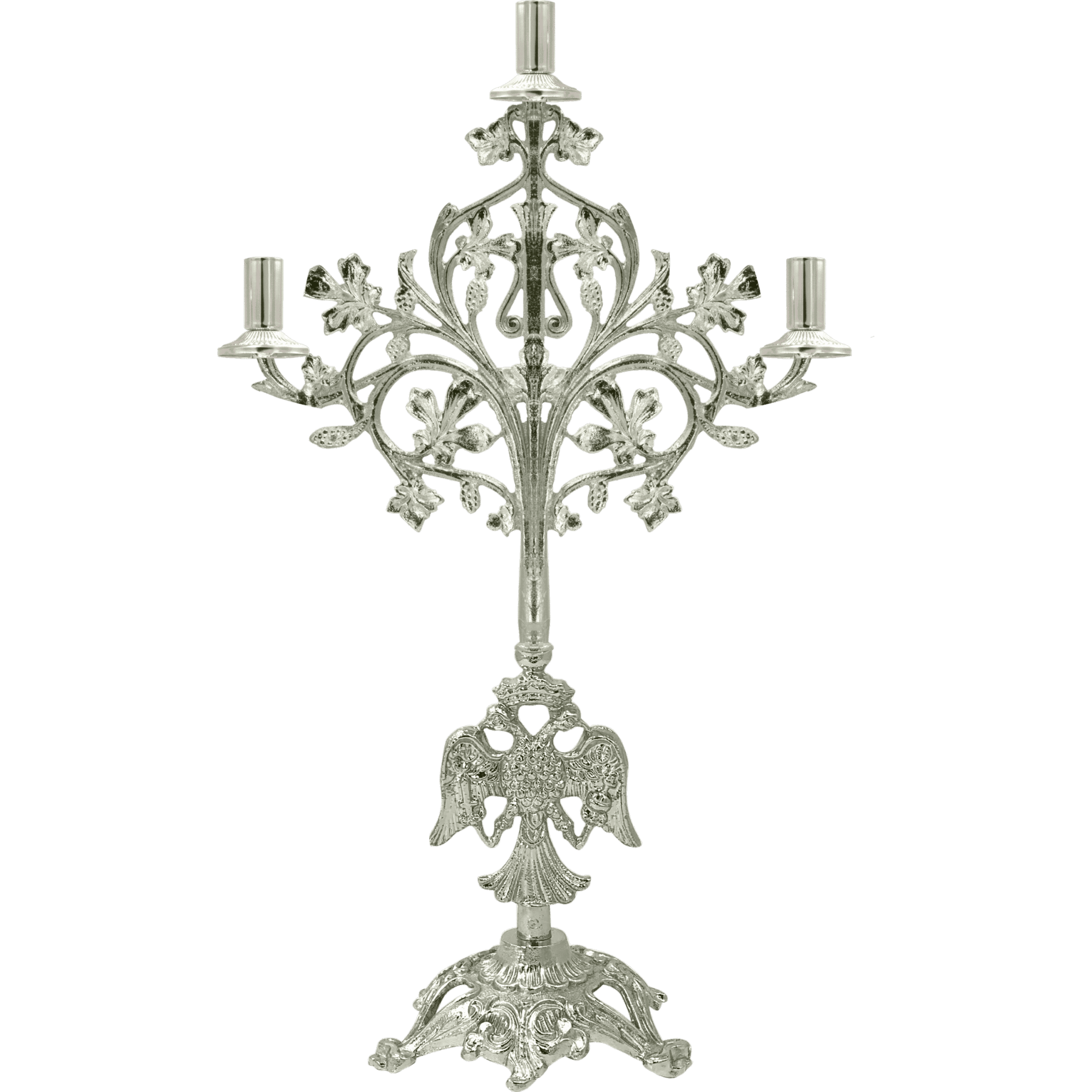 Intricate silver church candelabrum with ornate floral designs, ideal for liturgical rituals and ecclesiastical decorations, showcasing craftsmanship in religious church supplies.