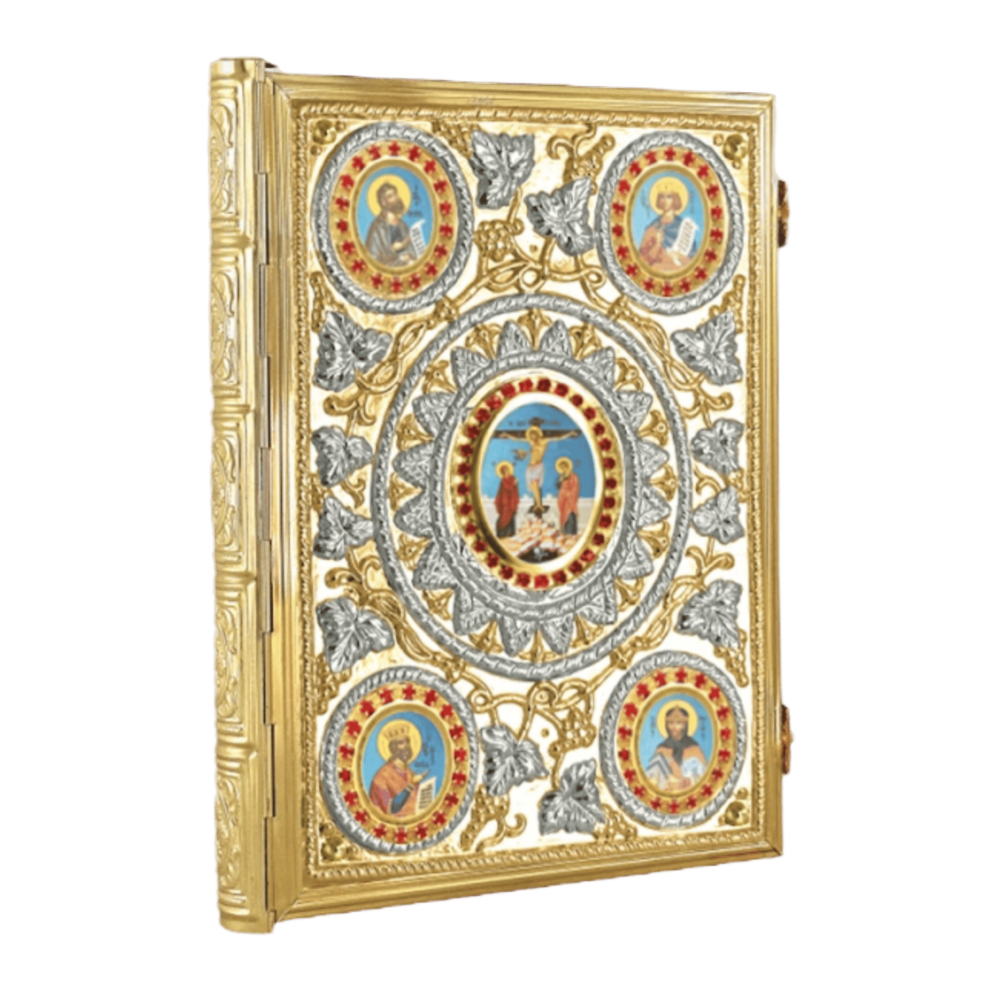 Ornate religious icon altar with gold and silver details, depicting sacred saints and Jesus Christ, used for Orthodox church worship and ceremonies.