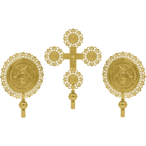 Intricate gold ecclesiastical items, including a crucifix and liturgical medals, crafted for Orthodox church ceremonial use, emphasizing religious symbols and sacred tradition.