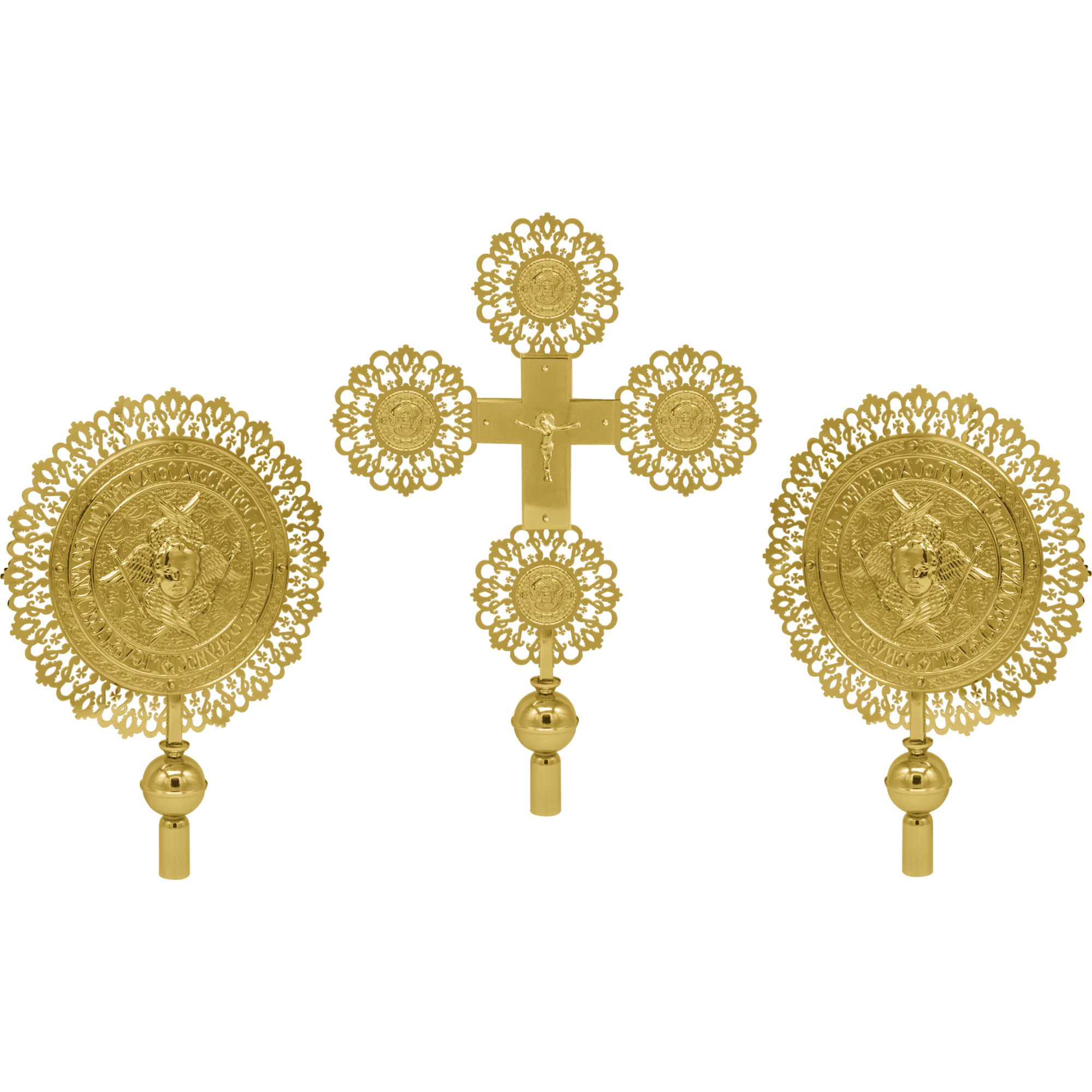 Intricate gold ecclesiastical items, including a crucifix and liturgical medals, crafted for Orthodox church ceremonial use, emphasizing religious symbols and sacred tradition.