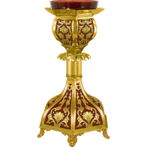 Ornate gold and red ecclesiastical candle holder for church ceremonies, crafted with intricate detailing and religious significance.