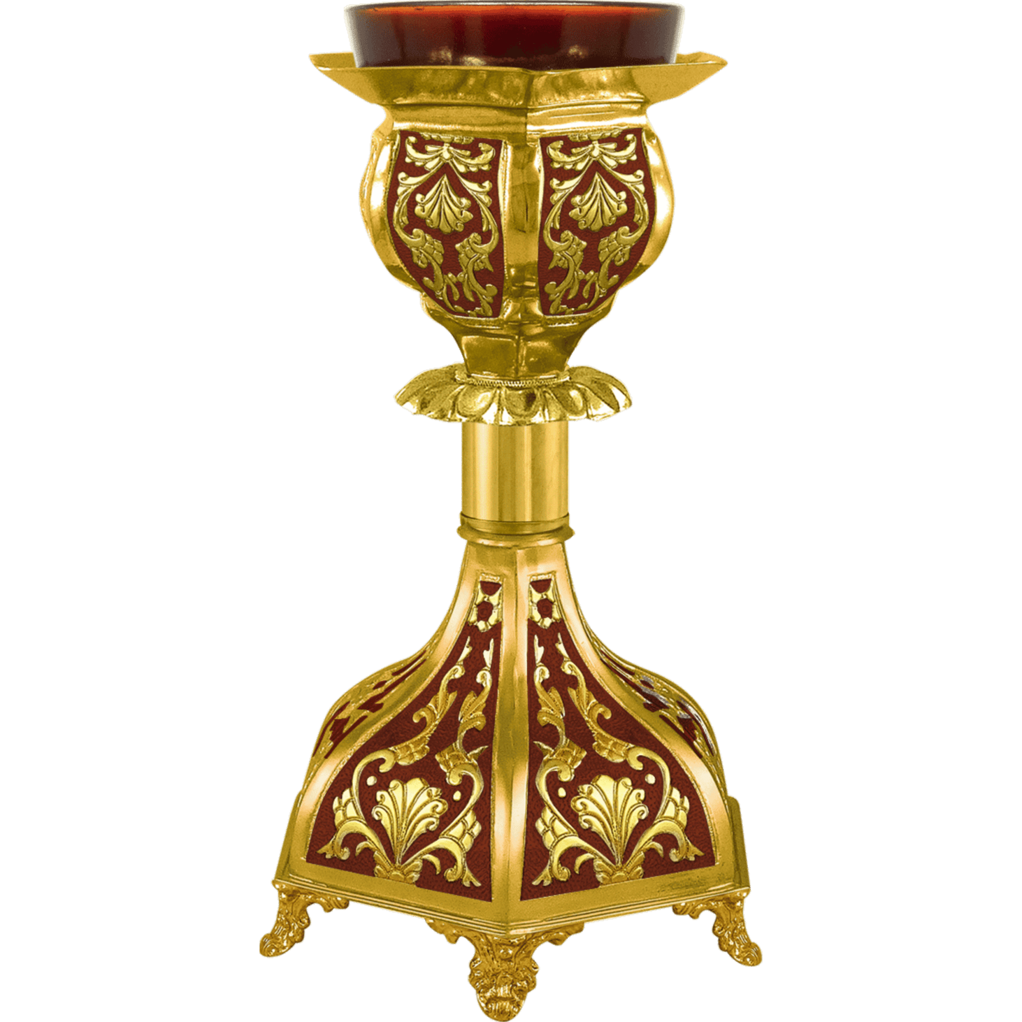 Ornate gold and red ecclesiastical candle holder for church ceremonies, crafted with intricate detailing and religious significance.