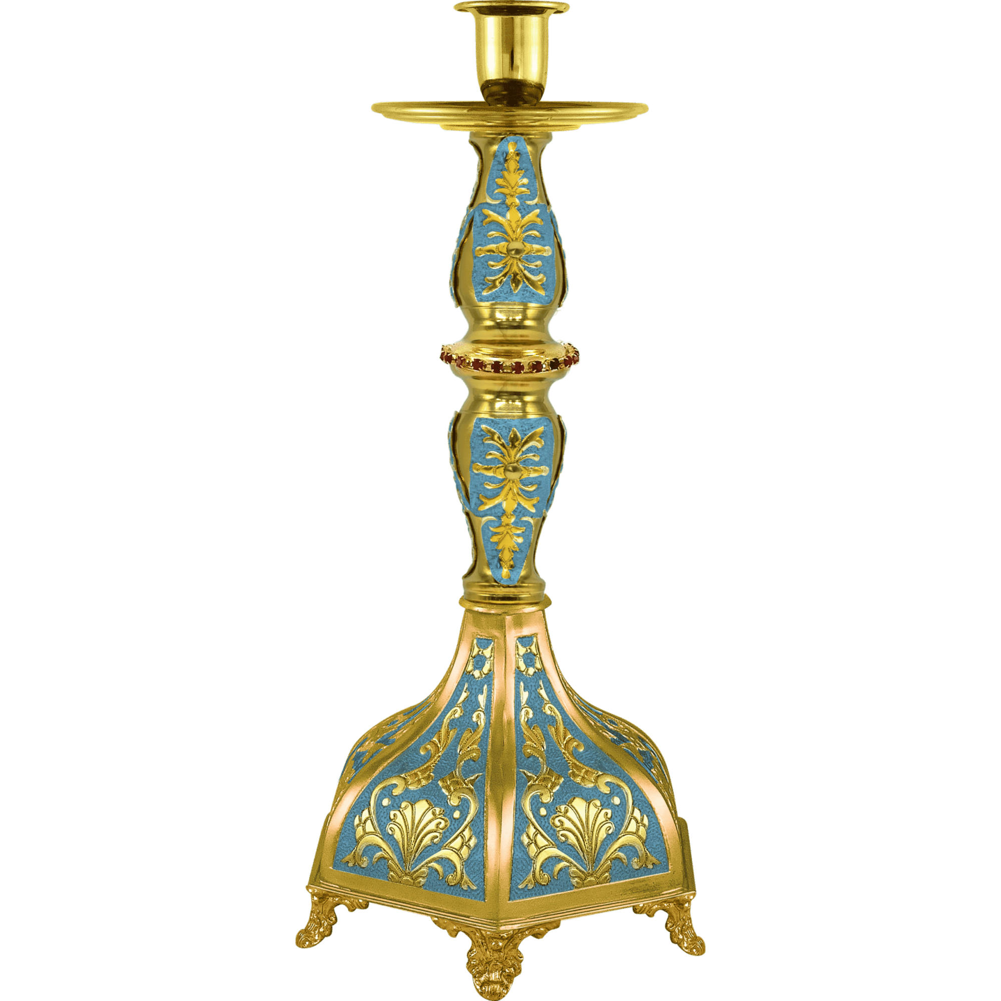 Ornate church candle holder, golden and blue ecclesiastical decorative item suitable for liturgical ceremonies.