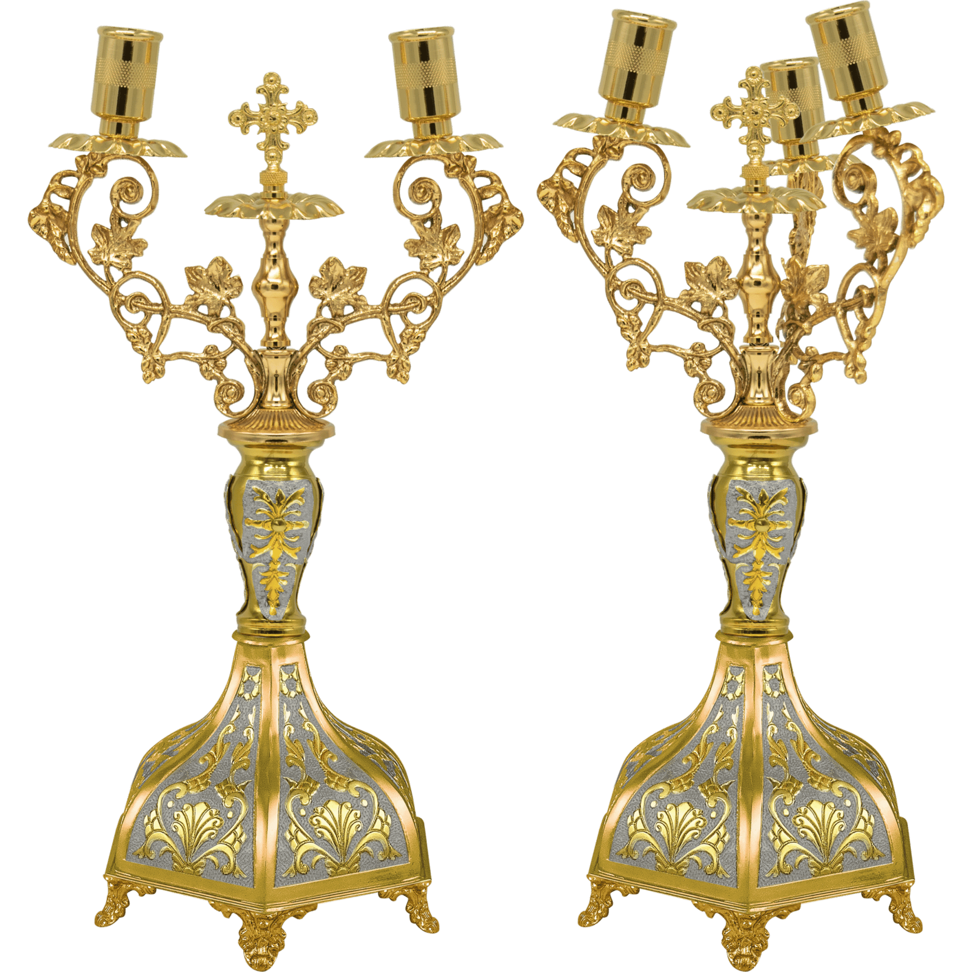 Intricate gold and silver Orthodox candle holders with ornate filigree design, perfect for church ceremonies and religious celebrations, crafted by Tsa tsaronis Antonios.