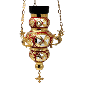 Ornate devotional artwork featuring intricate gold accents and vibrant red details, highlighting traditional ecclesiastical craftsmanship for religious ceremonies and church decorations.