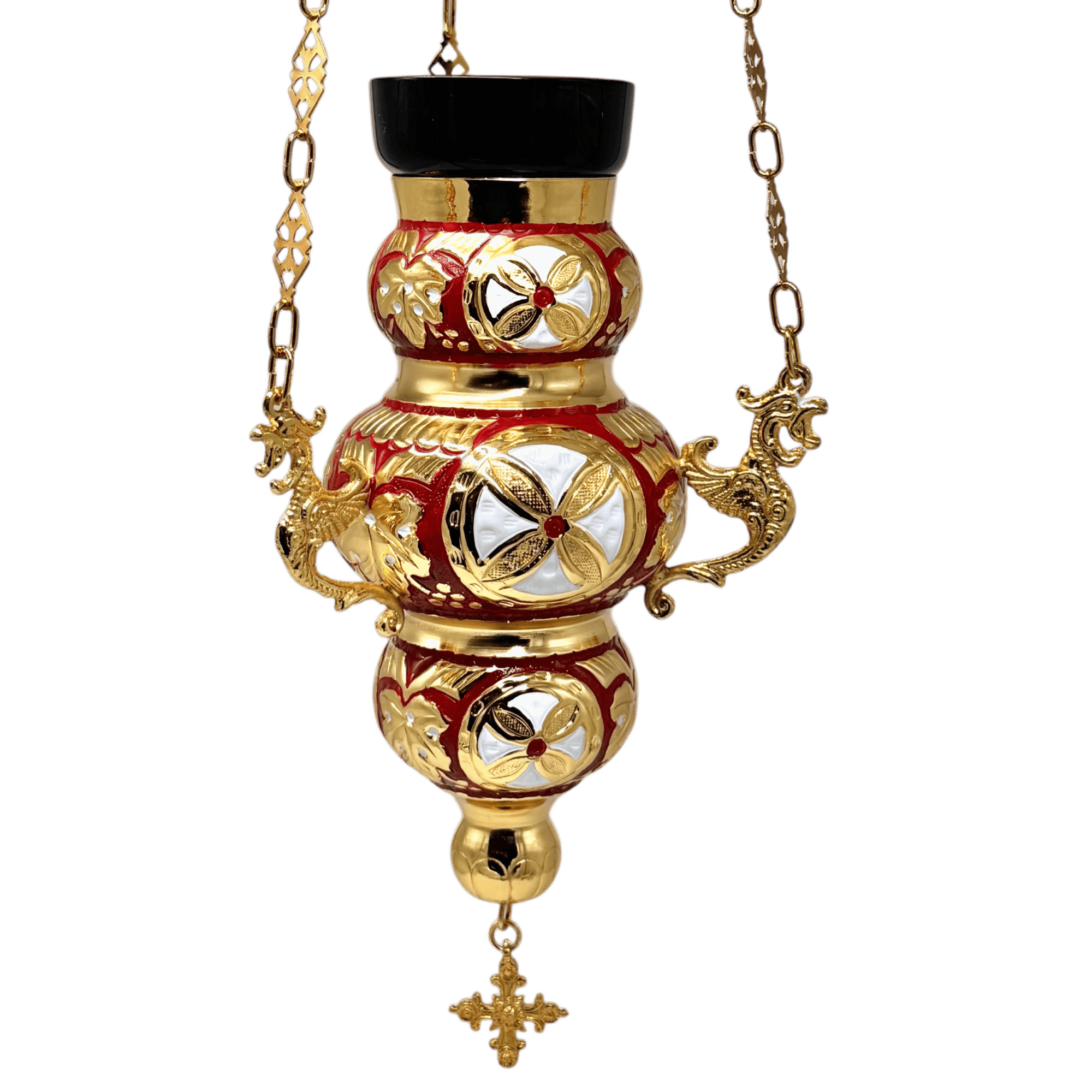 Ornate devotional artwork featuring intricate gold accents and vibrant red details, highlighting traditional ecclesiastical craftsmanship for religious ceremonies and church decorations.