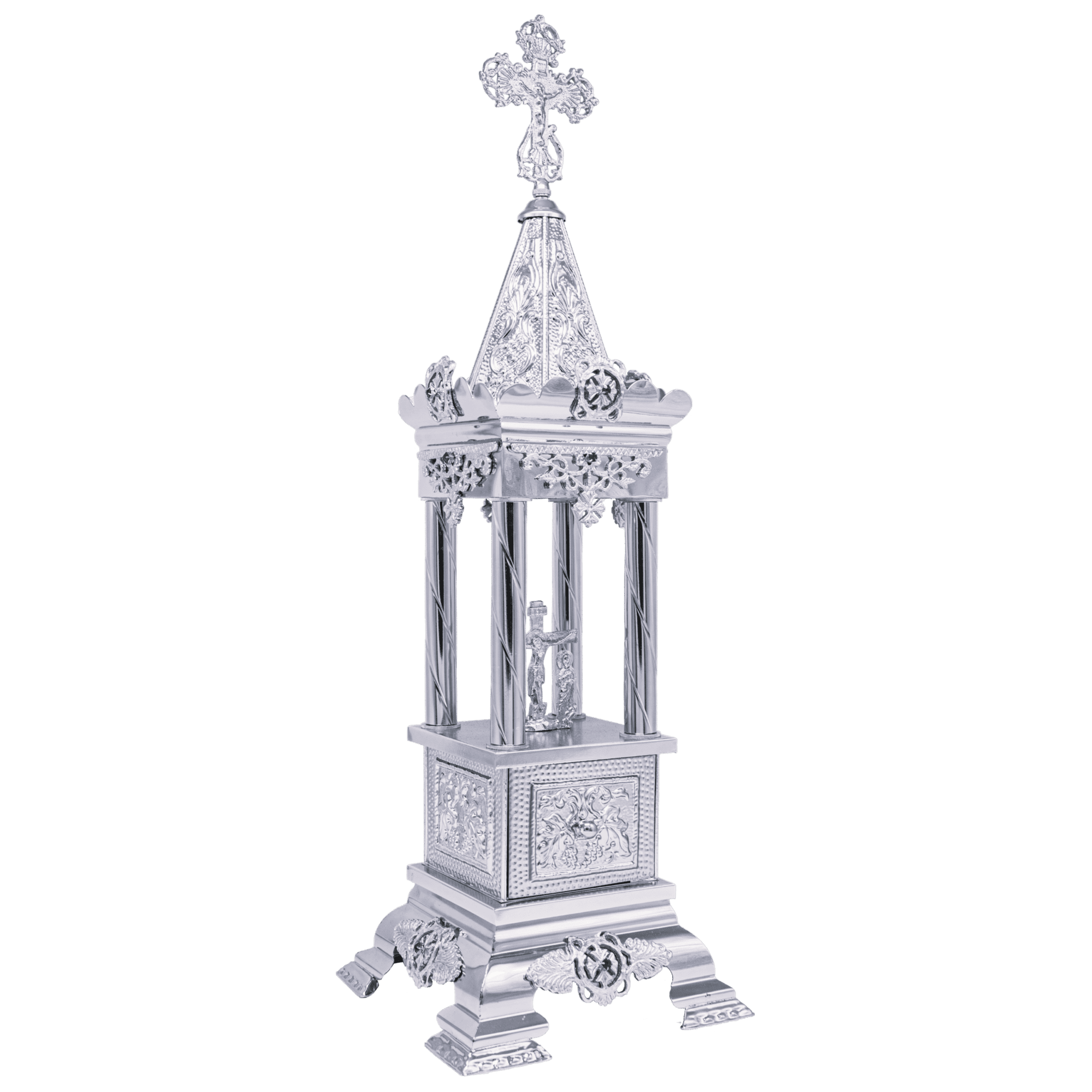 Intricately designed silver religious relic or icon stand with ornate details and a cross on top, used for sacred church ceremonies and displaying holy icons or relics.