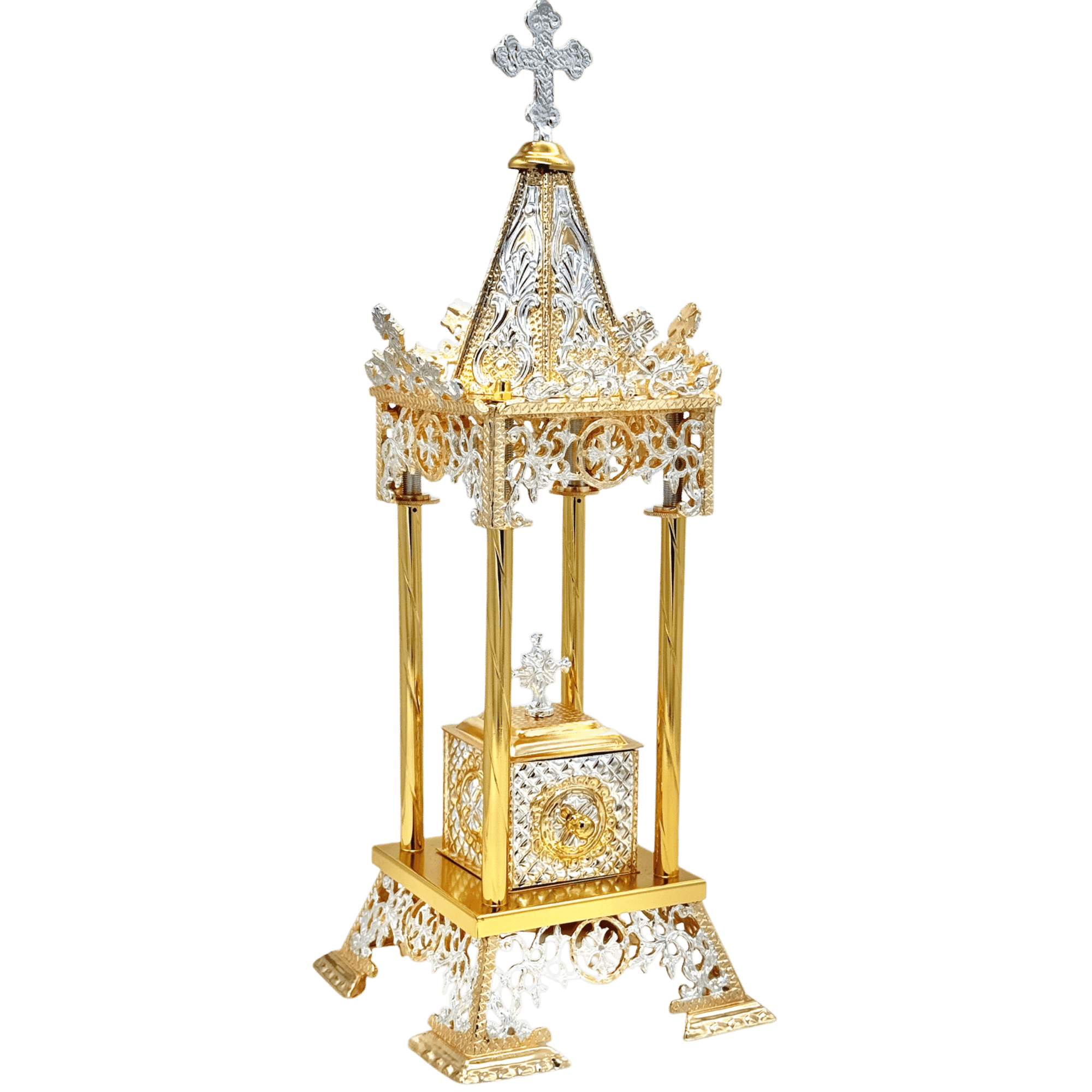 Exquisite ecclesiastical reliquary with ornate gold and silver craftsmanship, ideal for church decorations and religious ceremonies, from Tsatsaronis Antonios ecclesiastical supplies.
