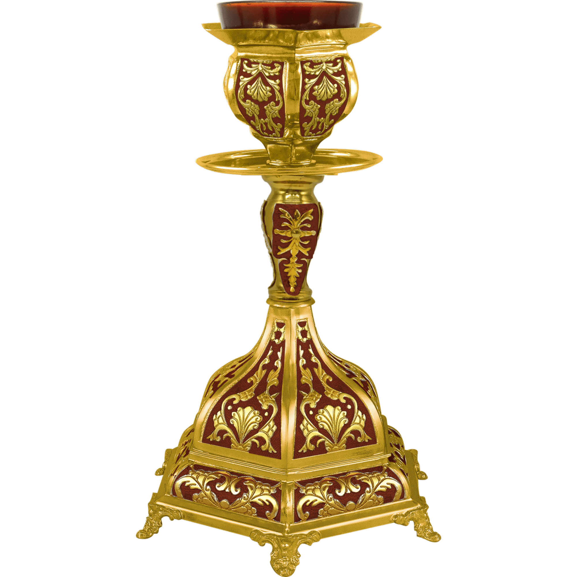 Ornate gold and red ecclesiastical candlestick with intricate religious symbols, showcasing traditional Orthodox church churchware and church accessories.