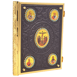 Ornate religious icon display case with gold framing, showcasing traditional Greek Orthodox saints and biblical scenes, perfect for church or home sacristy.