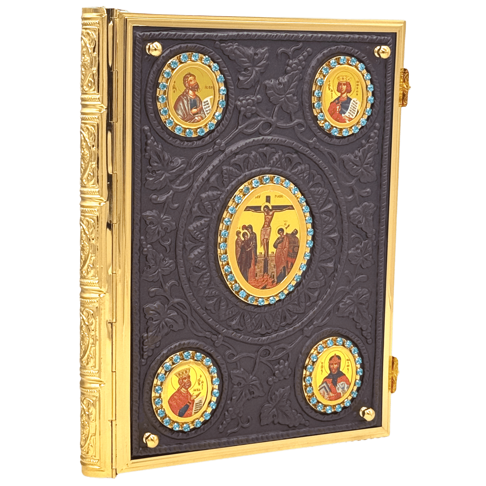 Ornate religious icon display case with gold framing, showcasing traditional Greek Orthodox saints and biblical scenes, perfect for church or home sacristy.