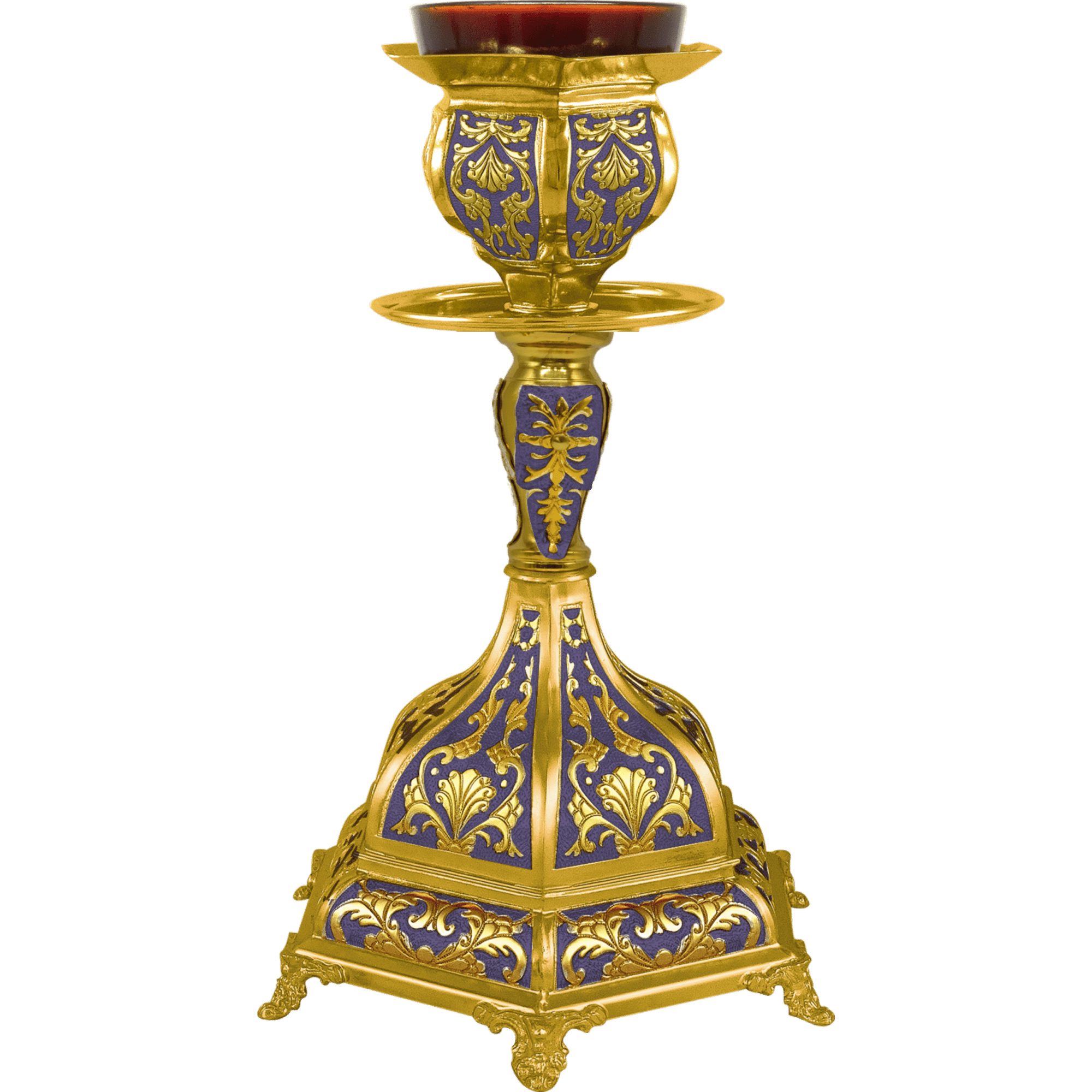 Ornate religious candle holder with gold and royal purple finish, ideal for church ceremonies and liturgical use.