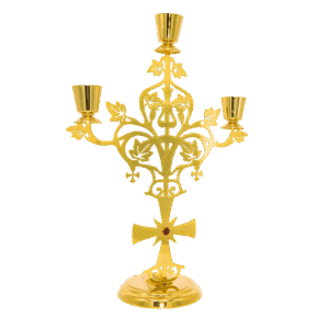 Elegant gold ecclesiastical candlestick holder for church services, religious ceremonies, and Orthodox Christian traditions by Tsahtsaronis Antonios.